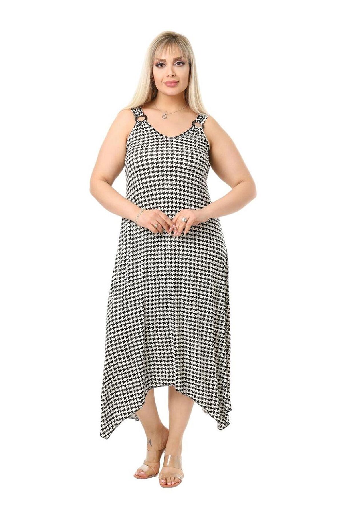 Melsay Butik Kazayağı Desen Askılı V Yaka Uzun Elbise