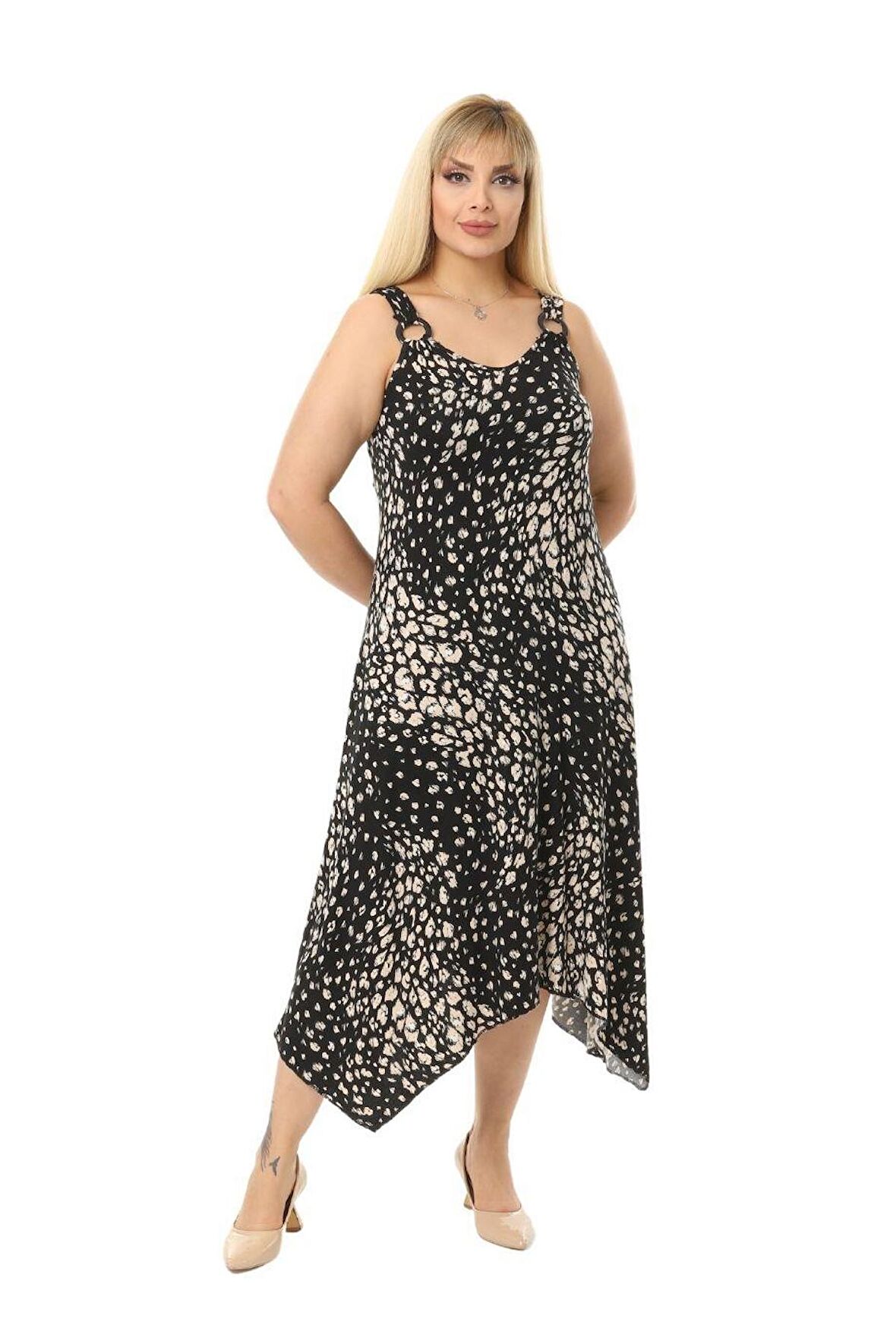 Melsay Butik Çakıltaşı Desen Askılı V Yaka Uzun Elbise