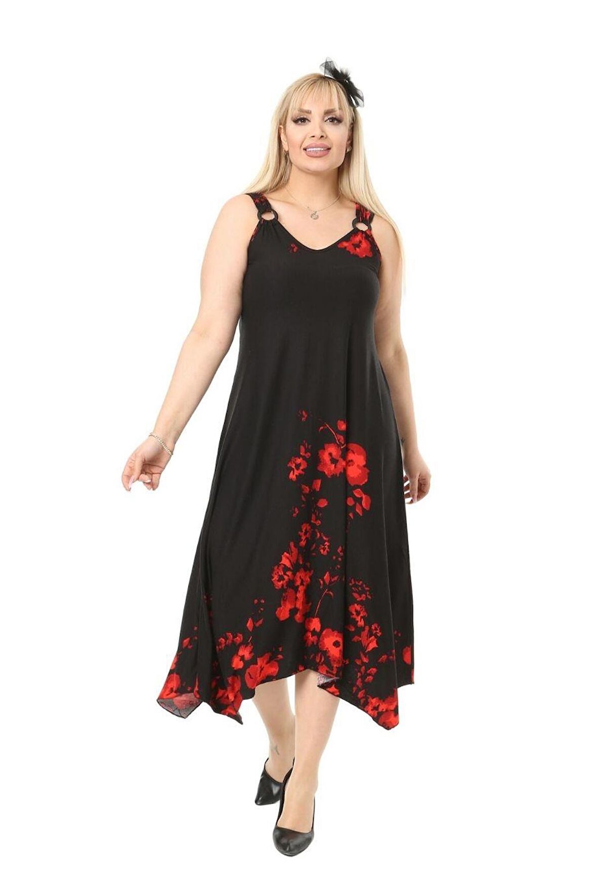 Melsay Butik Gelincik Desen Askılı V Yaka Uzun Elbise