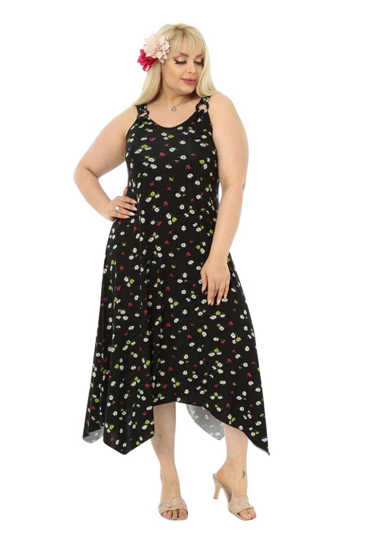 Melsay Butik Siyah Papatya Desen Askılı V Yaka Uzun Elbise