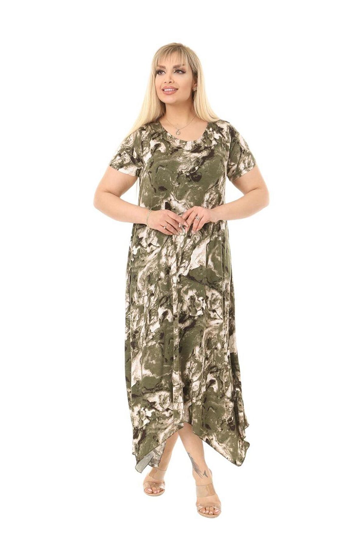 Melsay Butik Yeşil Batik Desen Asimetrik Kısa Kollu Uzun Elbise