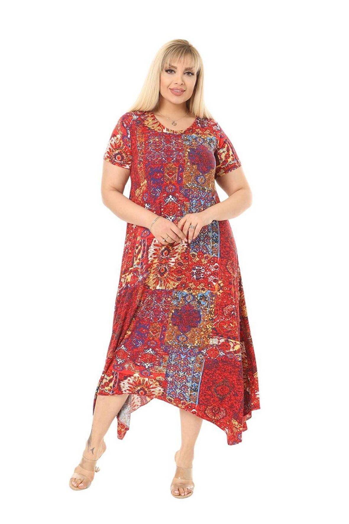 Melsay Butik Kırmızı Etnik Desen Asimetrik Kısa Kollu Uzun Elbise
