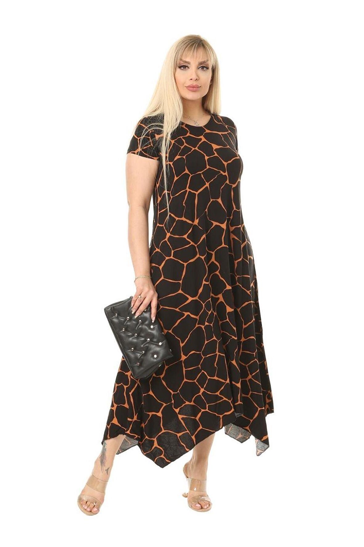 Melsay Butik Siyah Taş Desen Asimetrik Kısa Kollu Uzun Elbise