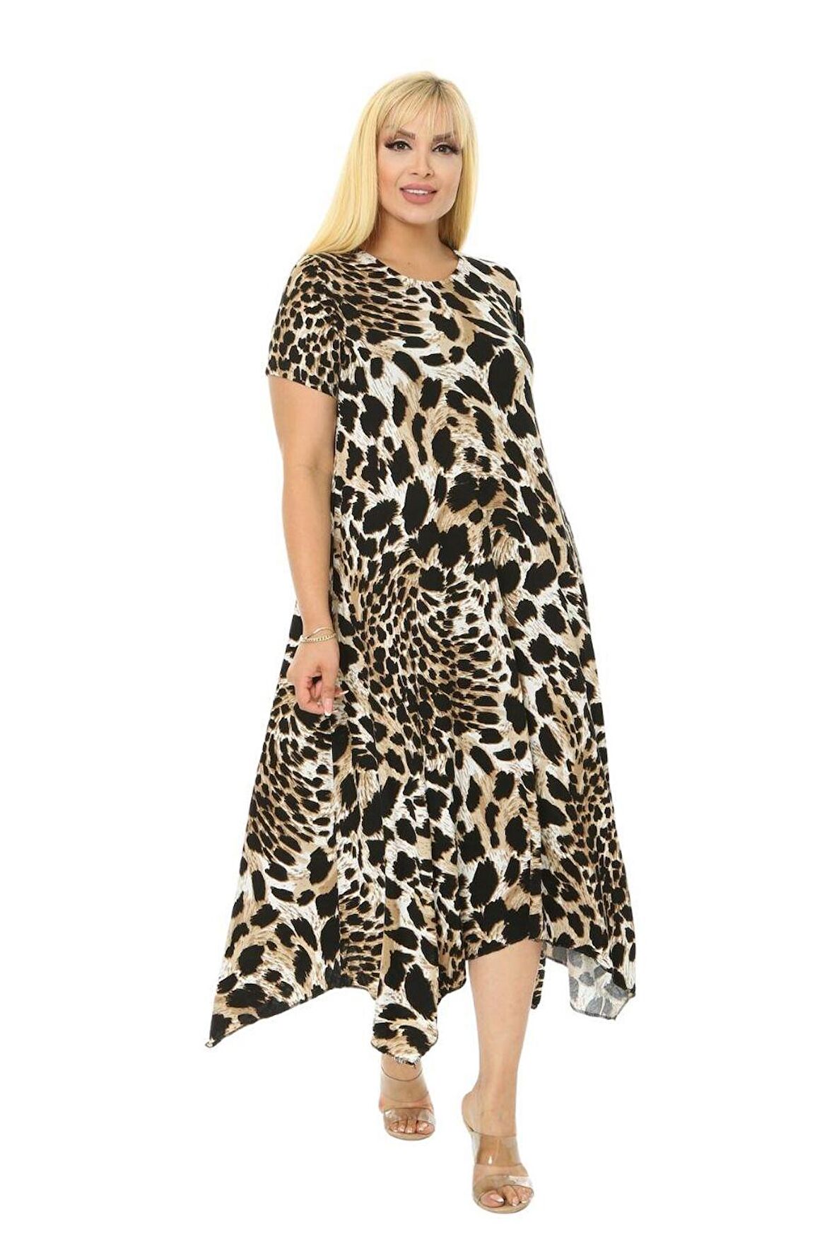 Melsay Butik Kaplan Desen Asimetrik Kısa Kollu Uzun Elbise