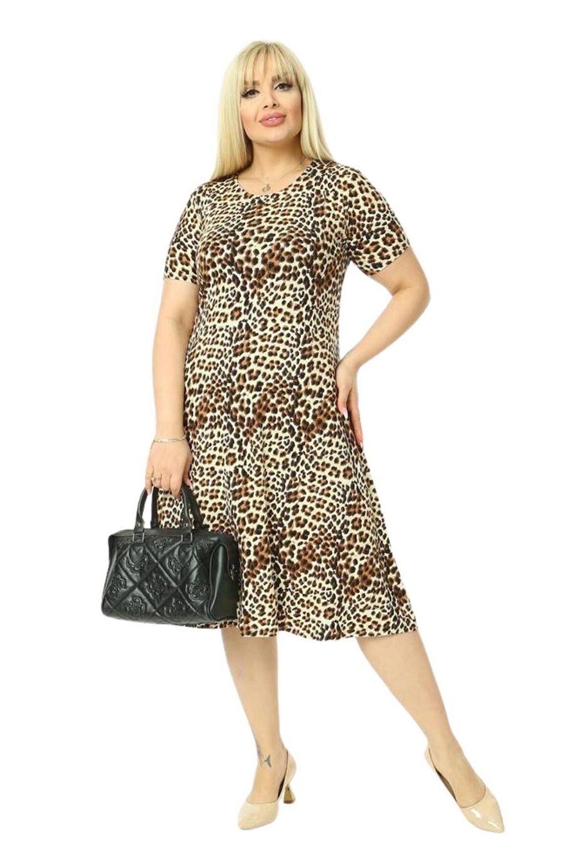 Melsay Butik Küçük Leopar Desenli Kısa Kollu Büyük Beden Midi Elbise