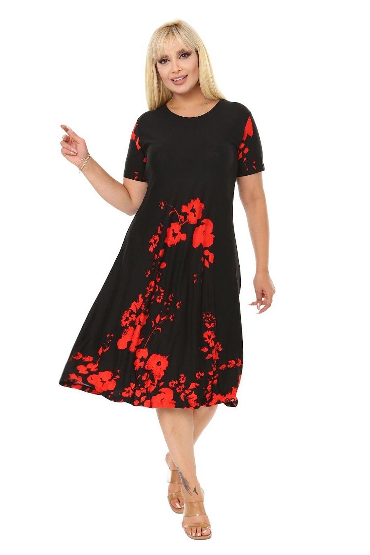 Melsay Butik Kırmızı Gelincik Kısa Kollu Büyük Beden Midi Elbise