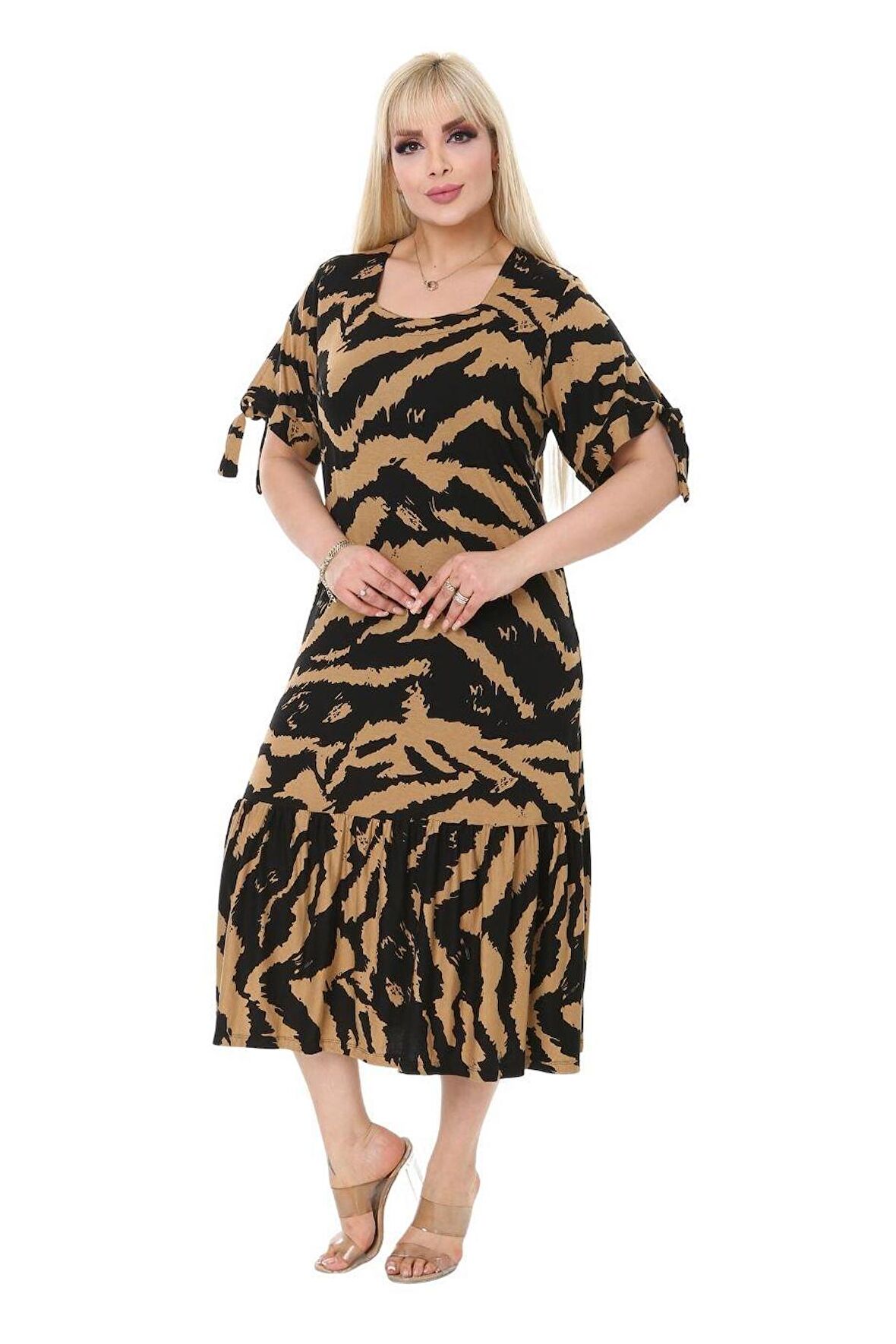 Melsay Butik Vizon Zebra Desen Bağlamalı Kısa Kollu Kadın Midi Elbise