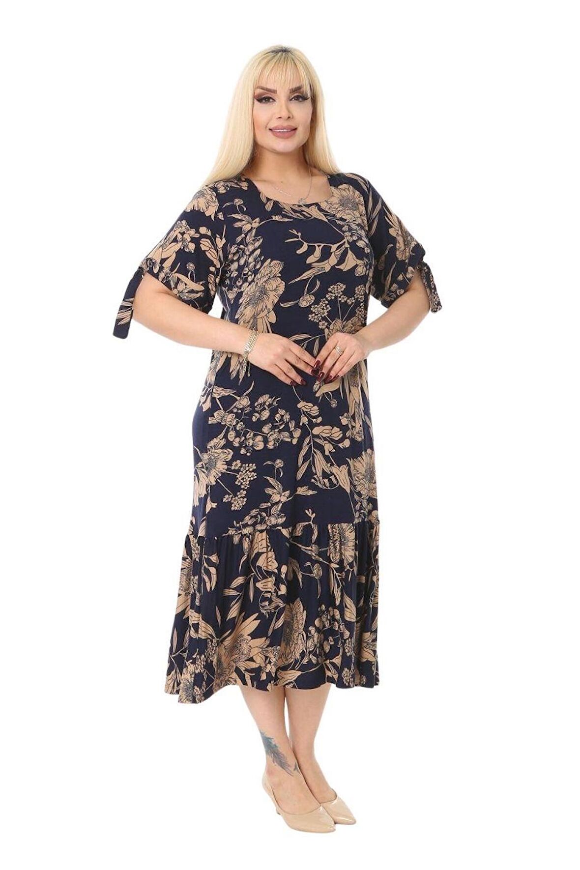 Melsay Butik Lacivert Palmiye Desen Bağlamalı Kısa Kollu Kadın Midi Elbise