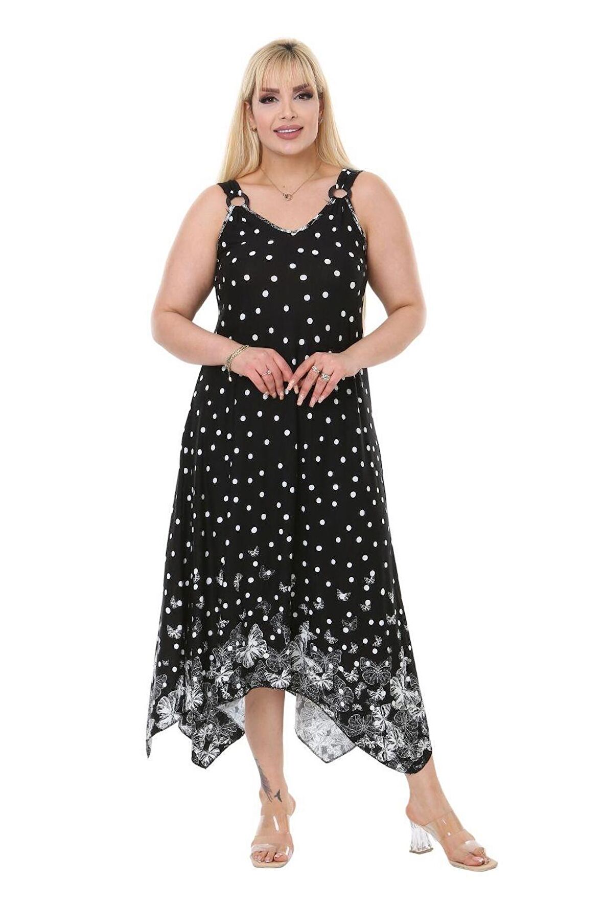 Melsay Butik Siyah Puantiye Kelebek Desen Askılı Asimetrik Kesim Uzun Elbise