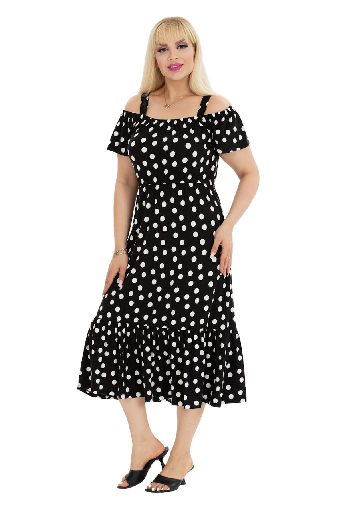 Melsay Butik Beyaz Puantiye Desen Madonna Yaka Askılı Midi Elbise