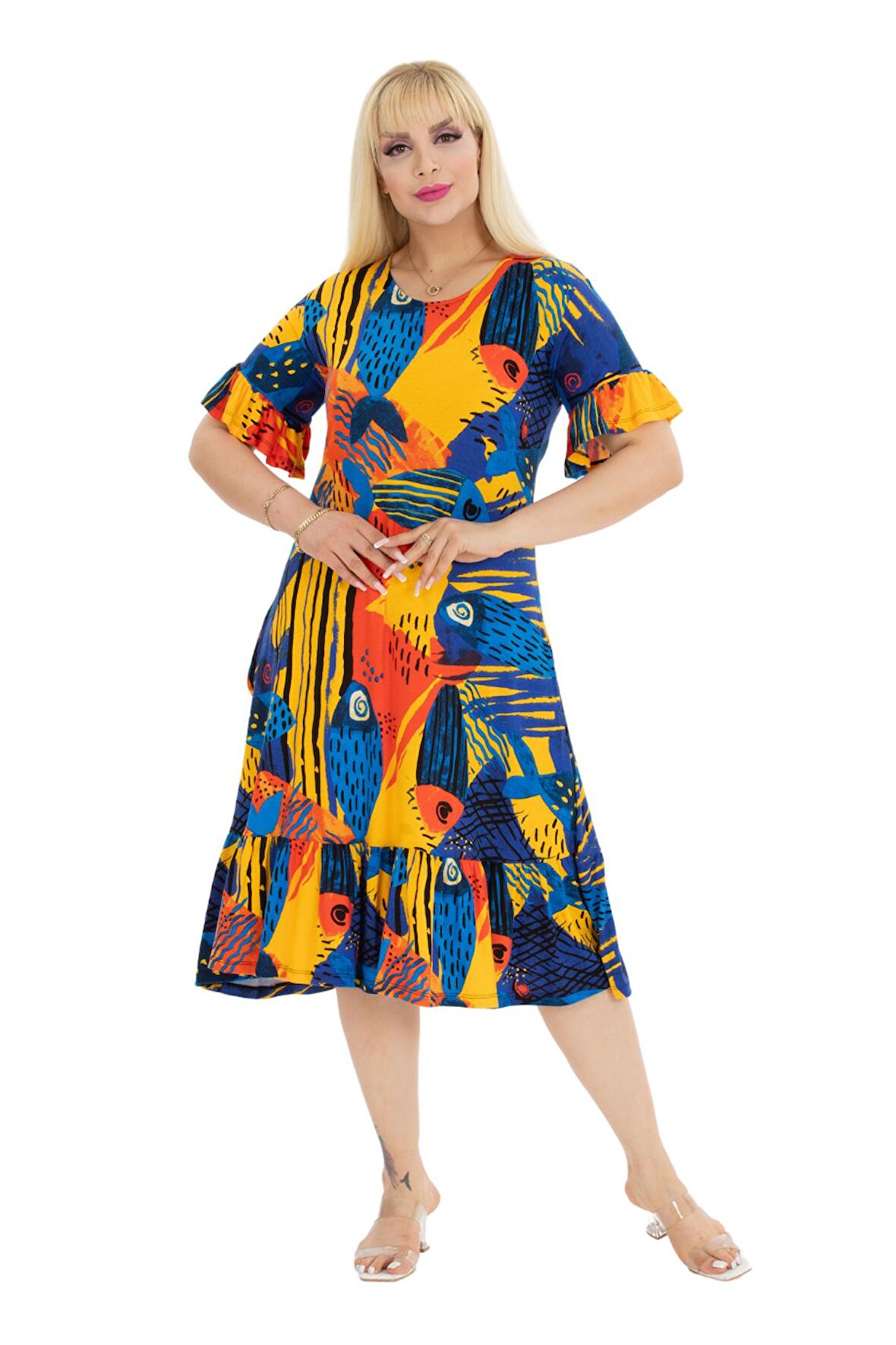 Melsay Butik Sarı Balık Desen Fırfırlı Kısa Kollu Kadın Midi Elbise