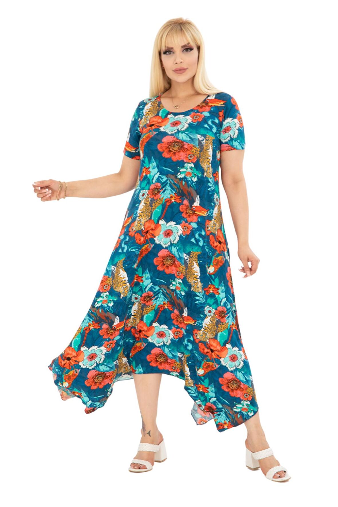 Melsay Butik Yeşil Papağan Desen Asimetrik Kısa Kollu Elbise