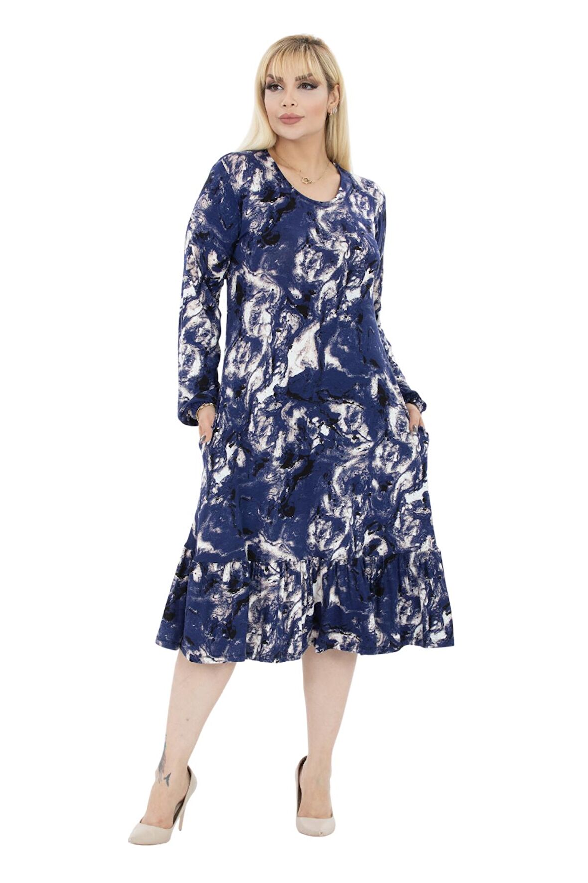 Melsay Butik Mavi Batik Desen Fırfırlı Uzun Kollu Kadın Midi Elbise