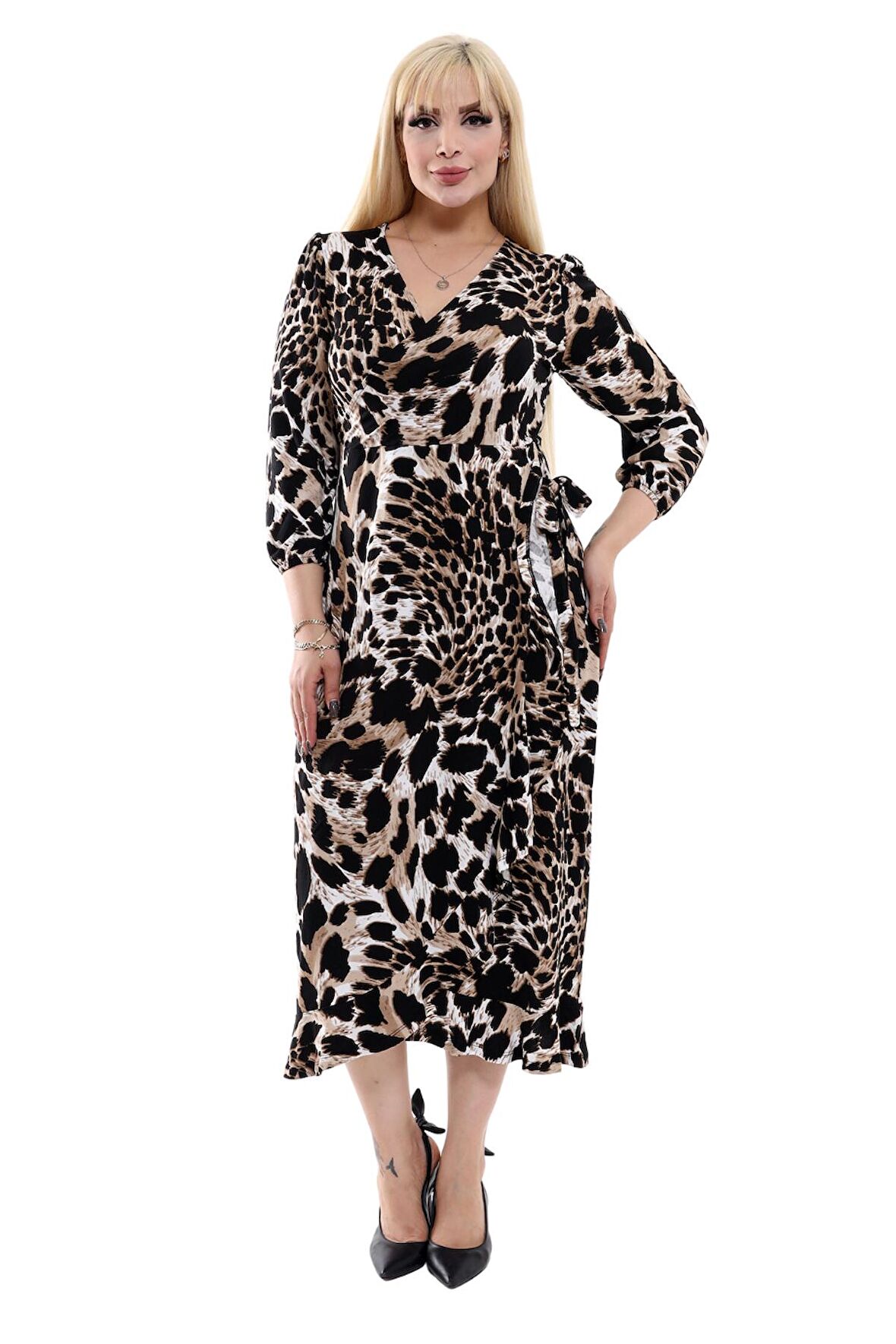 Melsay Butik Siyah Kruvaze Yaka Kaplan Desen Anvelop Etek Midi Elbise