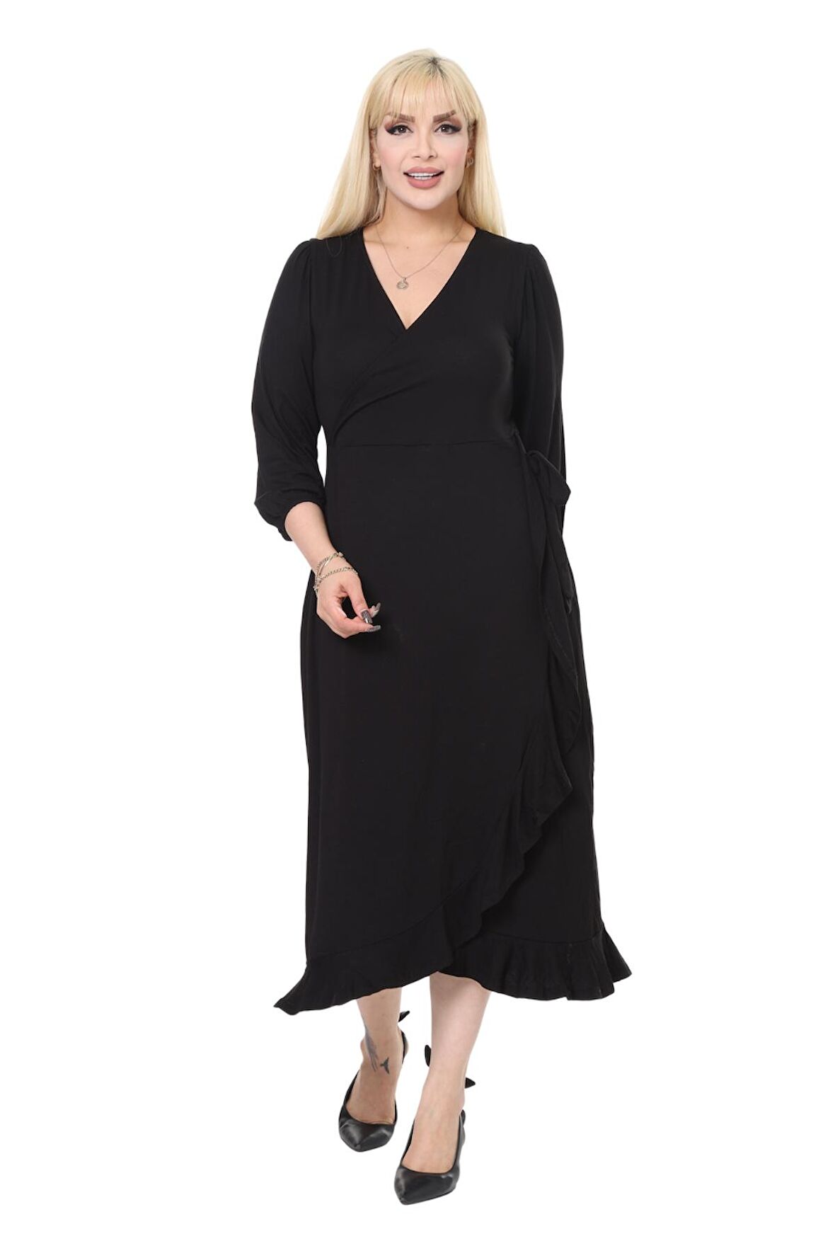 Melsay Butik Siyah Kruvaze Yaka Anvelop Etek Midi Elbise