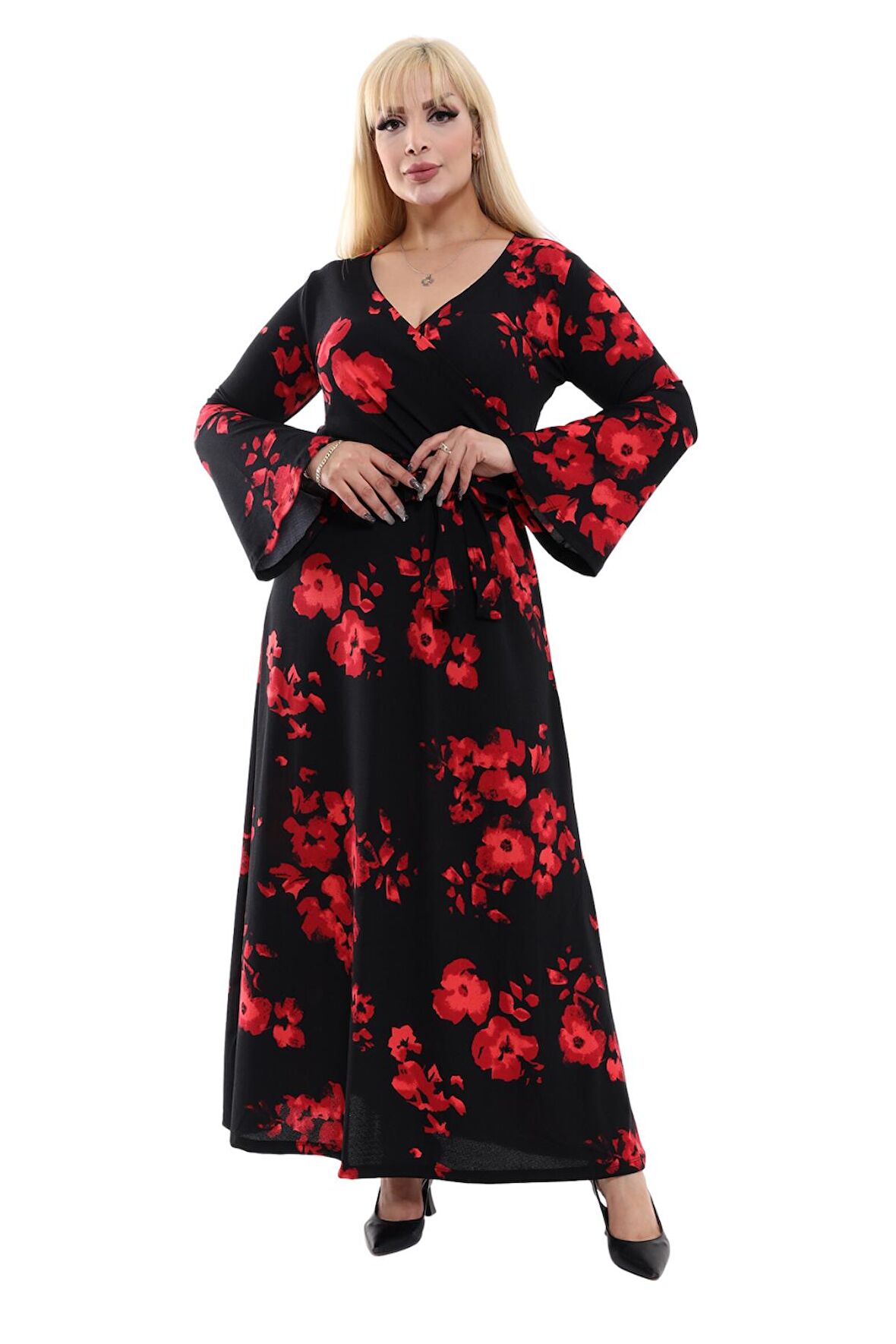 Melsay Butik Krep Kruvaze Yaka Siyah Gelincik Desen Kadın Uzun Elbise