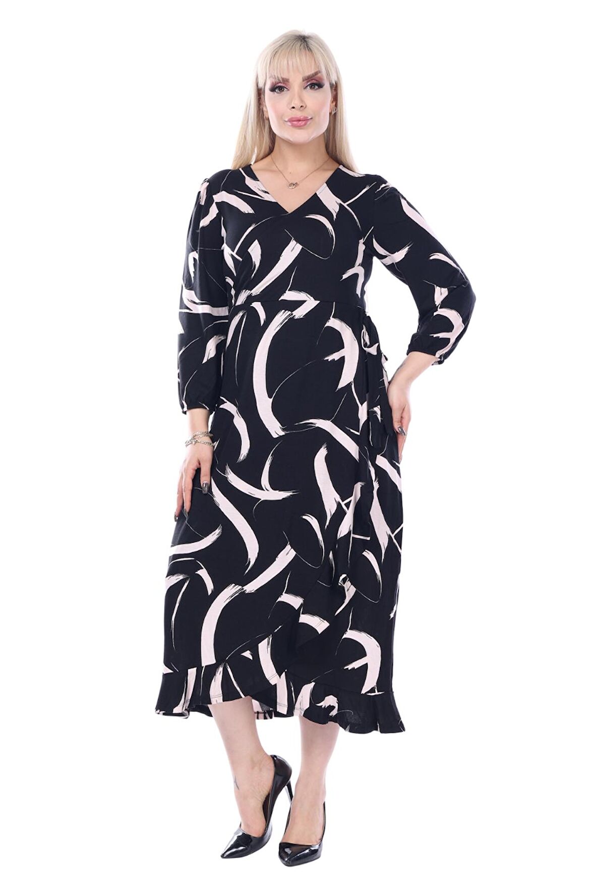 Melsay Butik Siyah Kruvaze Yaka Tüy Desen Anvelop Midi Elbise