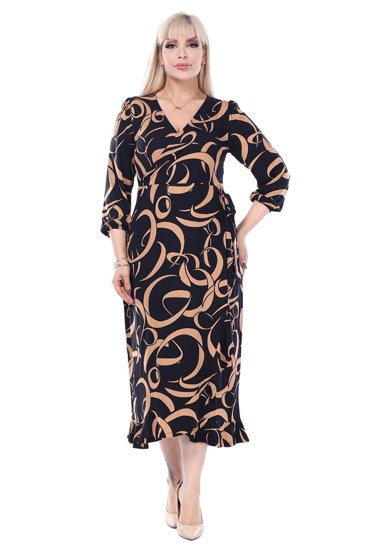 Melsay Butik Kruvaze Yaka Taba Dalga Desen Anvelop Midi Elbise