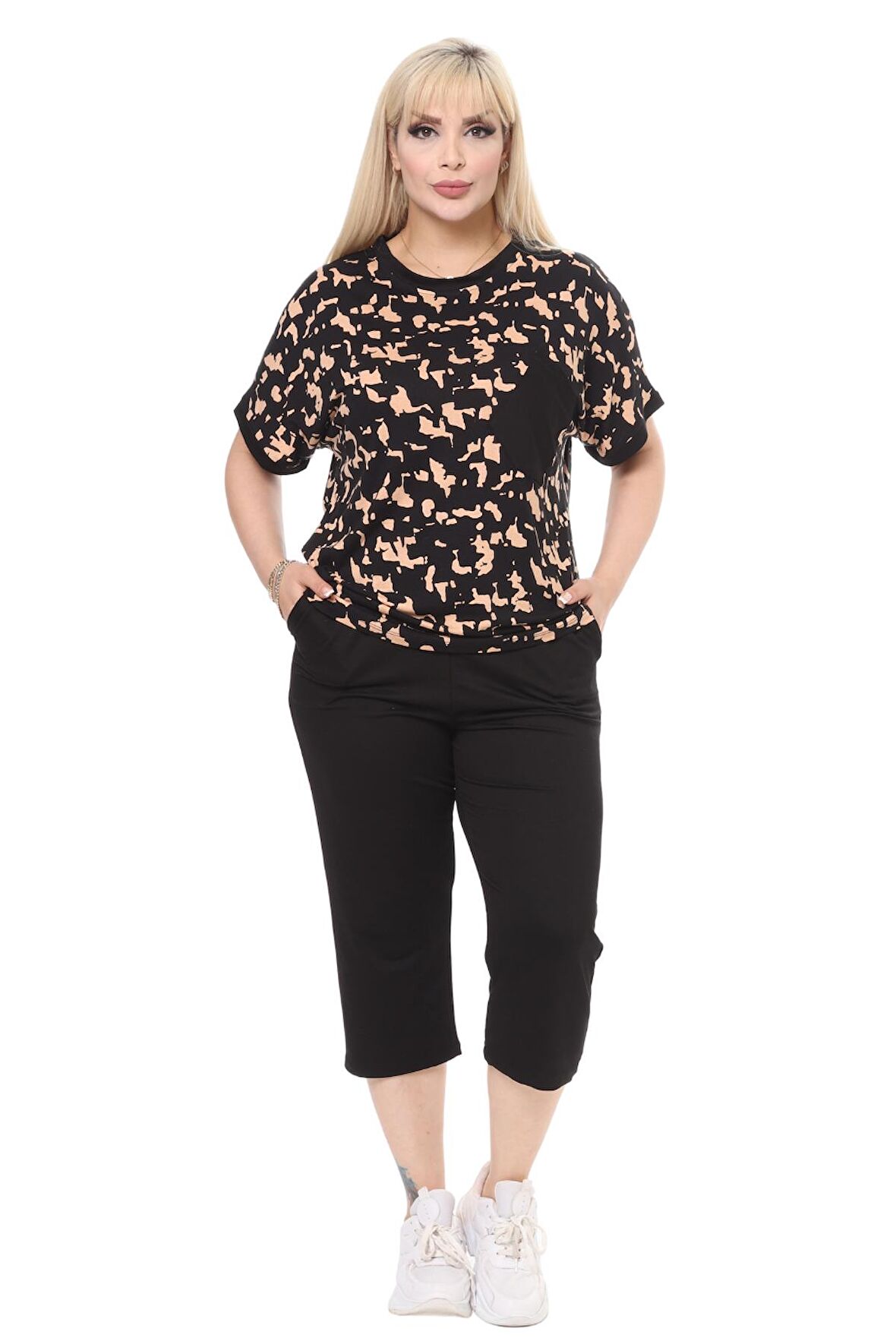 Melsay Butik Vizon Kamuflaj Desen Çapraz Cep Detaylı Kapri Takım