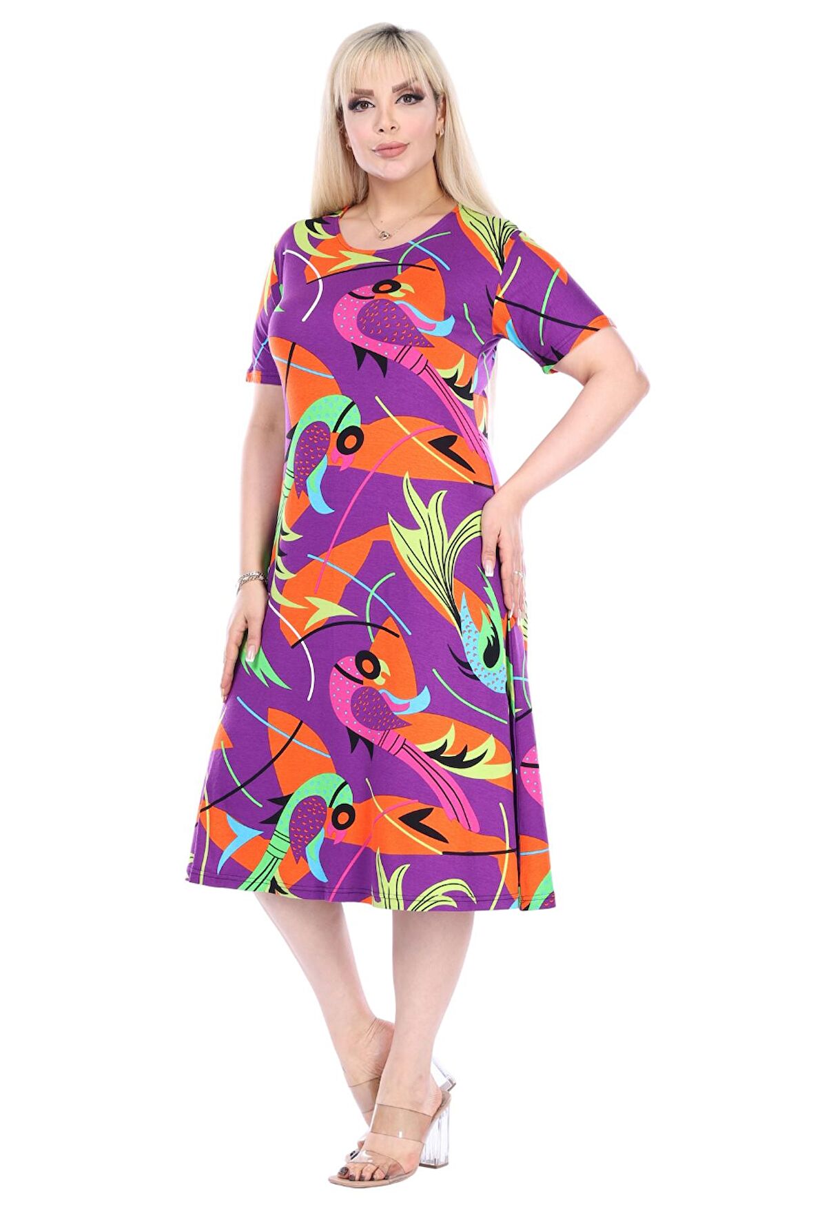 Melsay Butik Mor Balık Desen Kısa Kollu Büyük Beden Midi Elbise