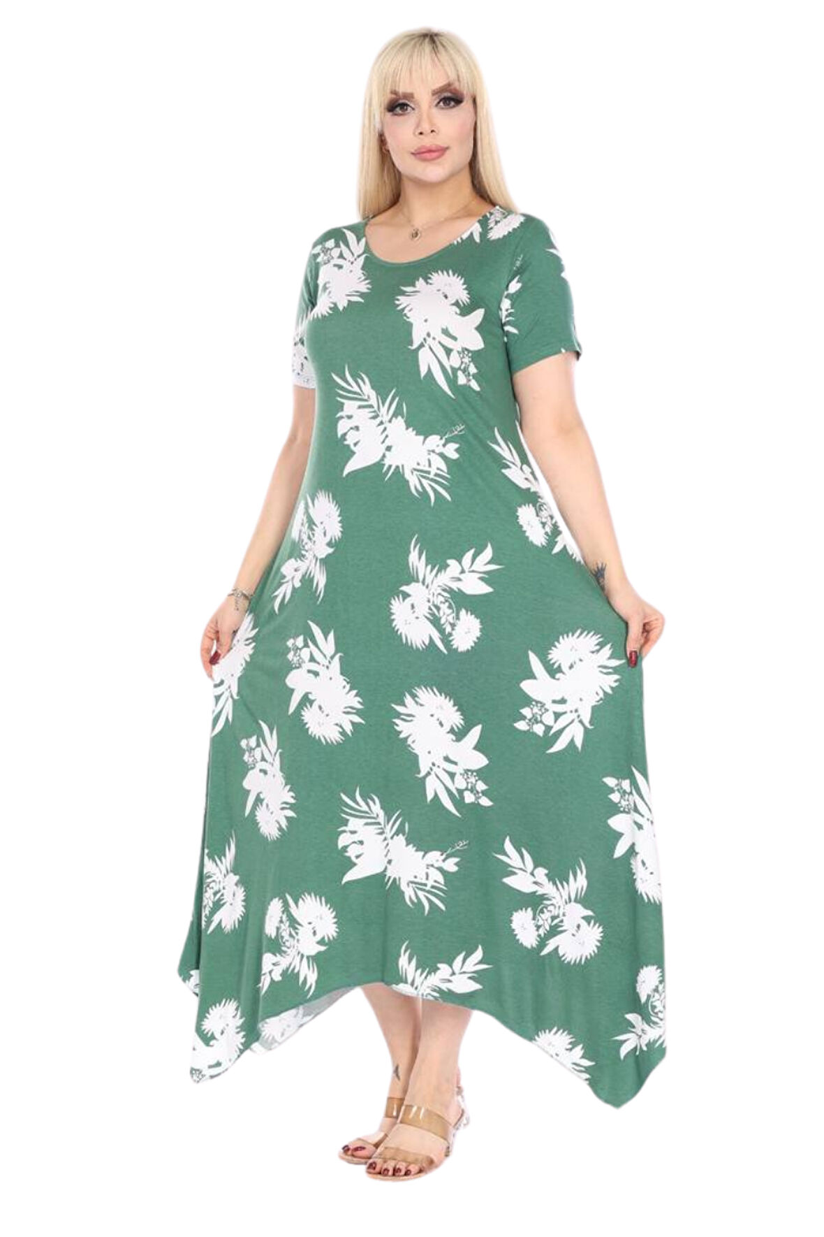 Melsay Butik Yeşil Beyaz Yaprak Desen Asimetrik Kısa Kollu Elbise