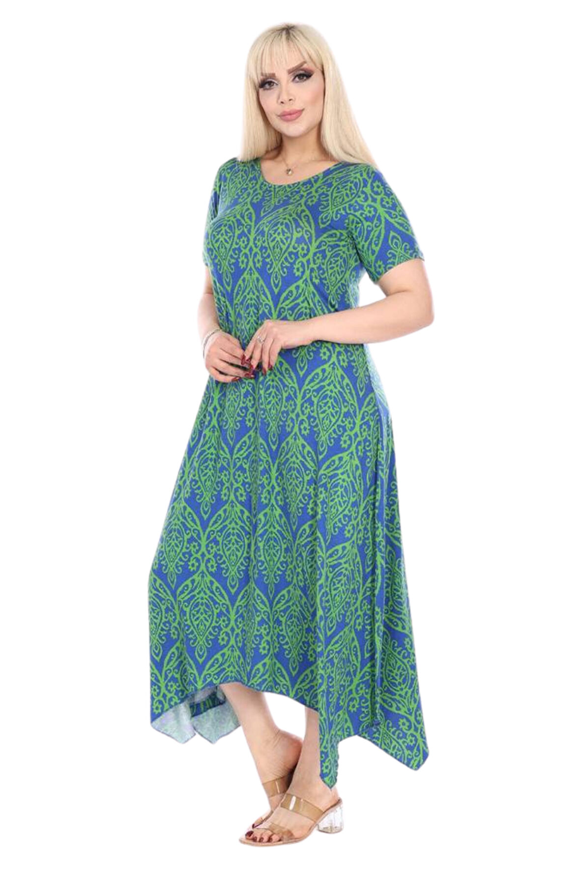 Melsay Butik Yeşil Dantel Desen Asimetrik Kısa Kollu Elbise