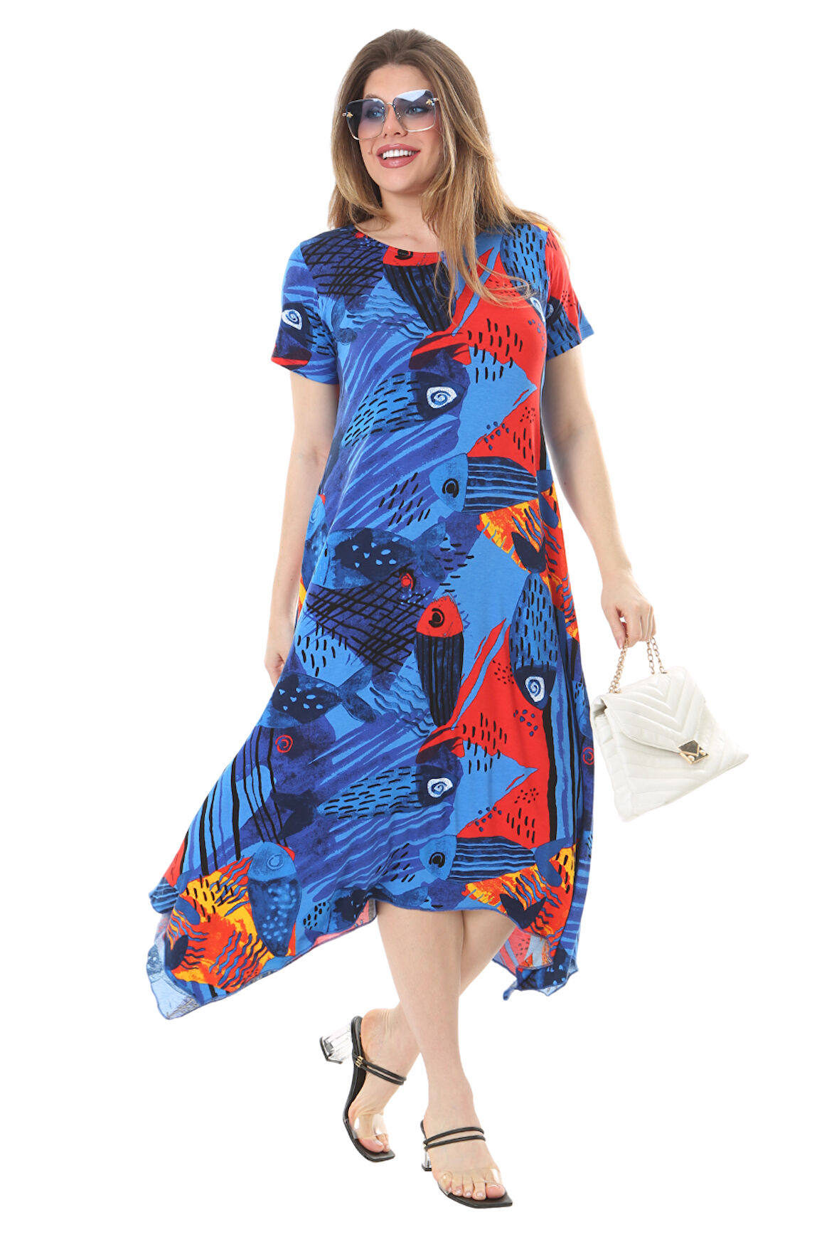 Melsay Butik Sax Balık Desen Asimetrik Kısa Kollu Elbise