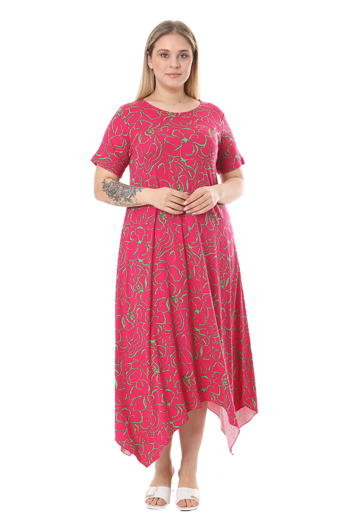 Melsay Butik Pembe Çiçek Desen Asimetrik Kısa Kollu Elbise