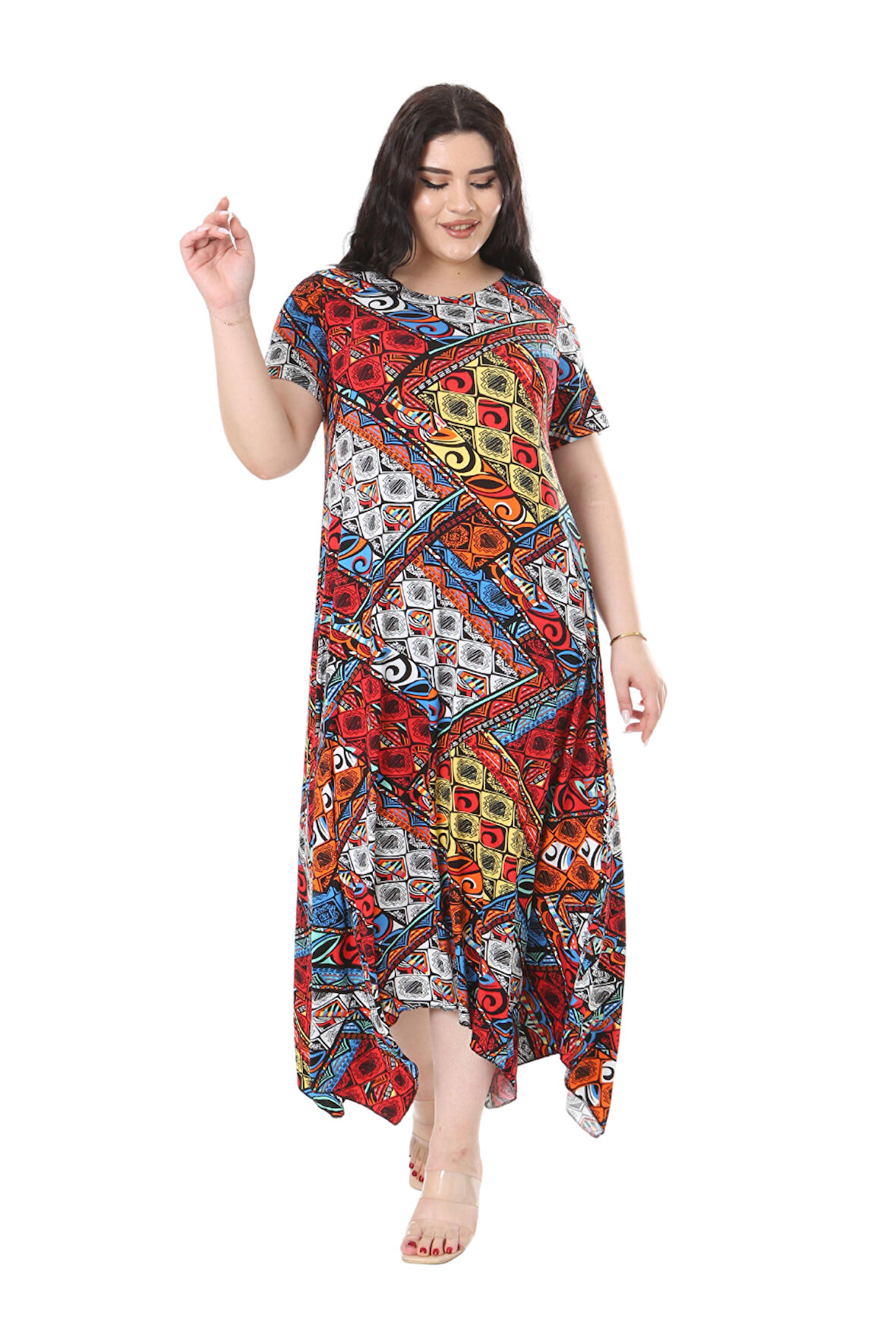 Melsay Butik Mavi Patchwork Desen Asimetrik Kısa Kollu Elbise