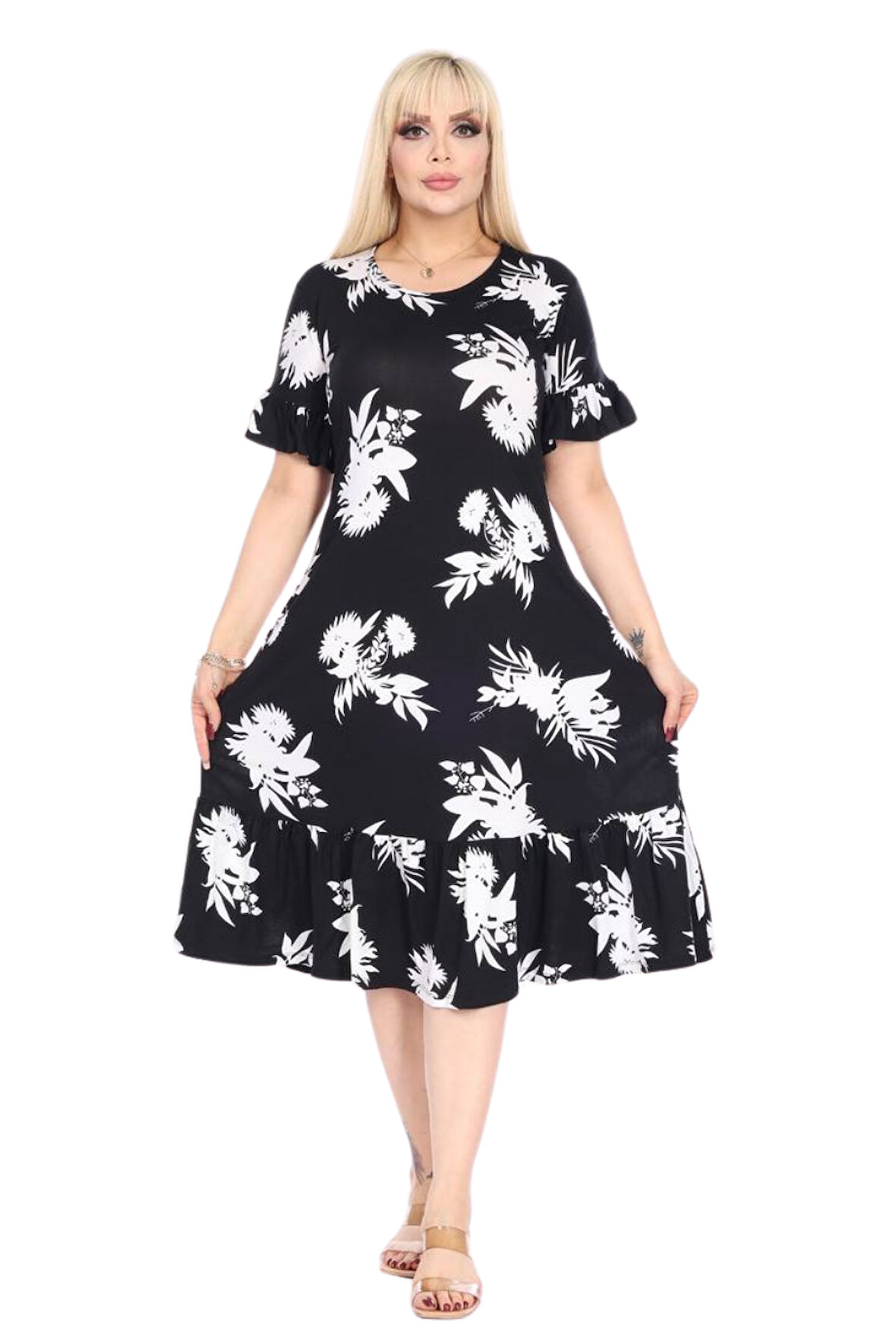 Melsay Butik Fırfırlı Kısa Kollu Siyah Beyaz Yaprak Desenli Cepli Elbise