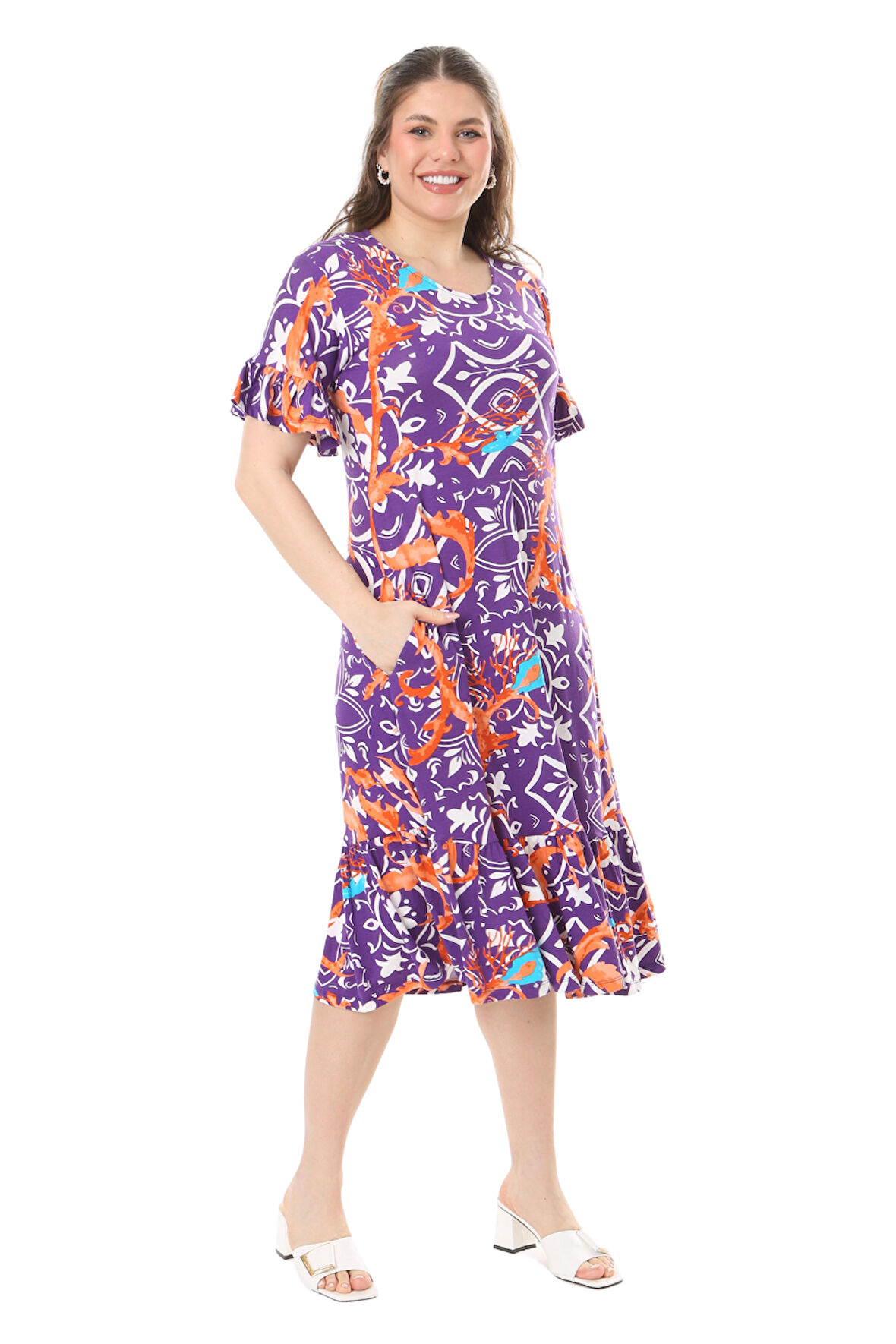 Melsay Butik Fırfırlı Cepli Kısa Kollu Mor Retro Desenli Elbise