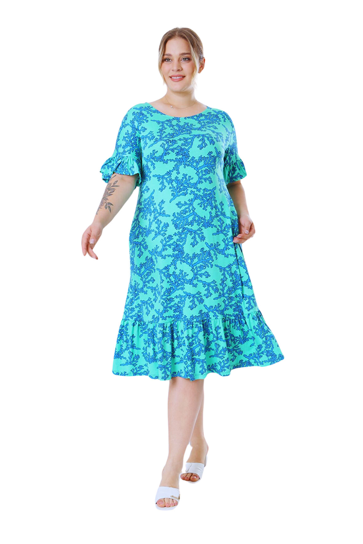 Melsay Butik Kısa Kollu Fırfırlı Cepli Turkuaz Mercan Desenli Midi Elbise