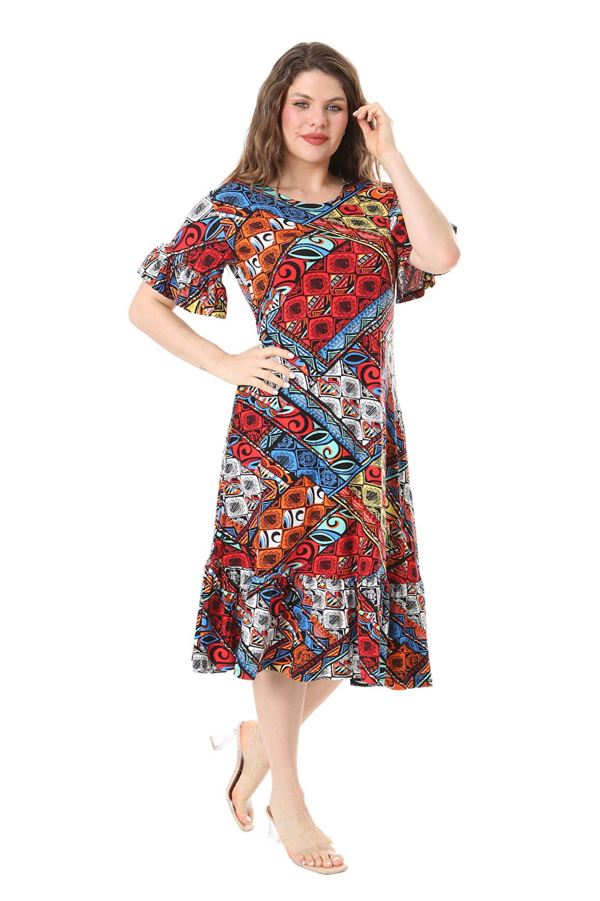 Melsay Butik Kısa Kollu Fırfırlı Cepli Mavi Patchwork Desenli Midi Elbise