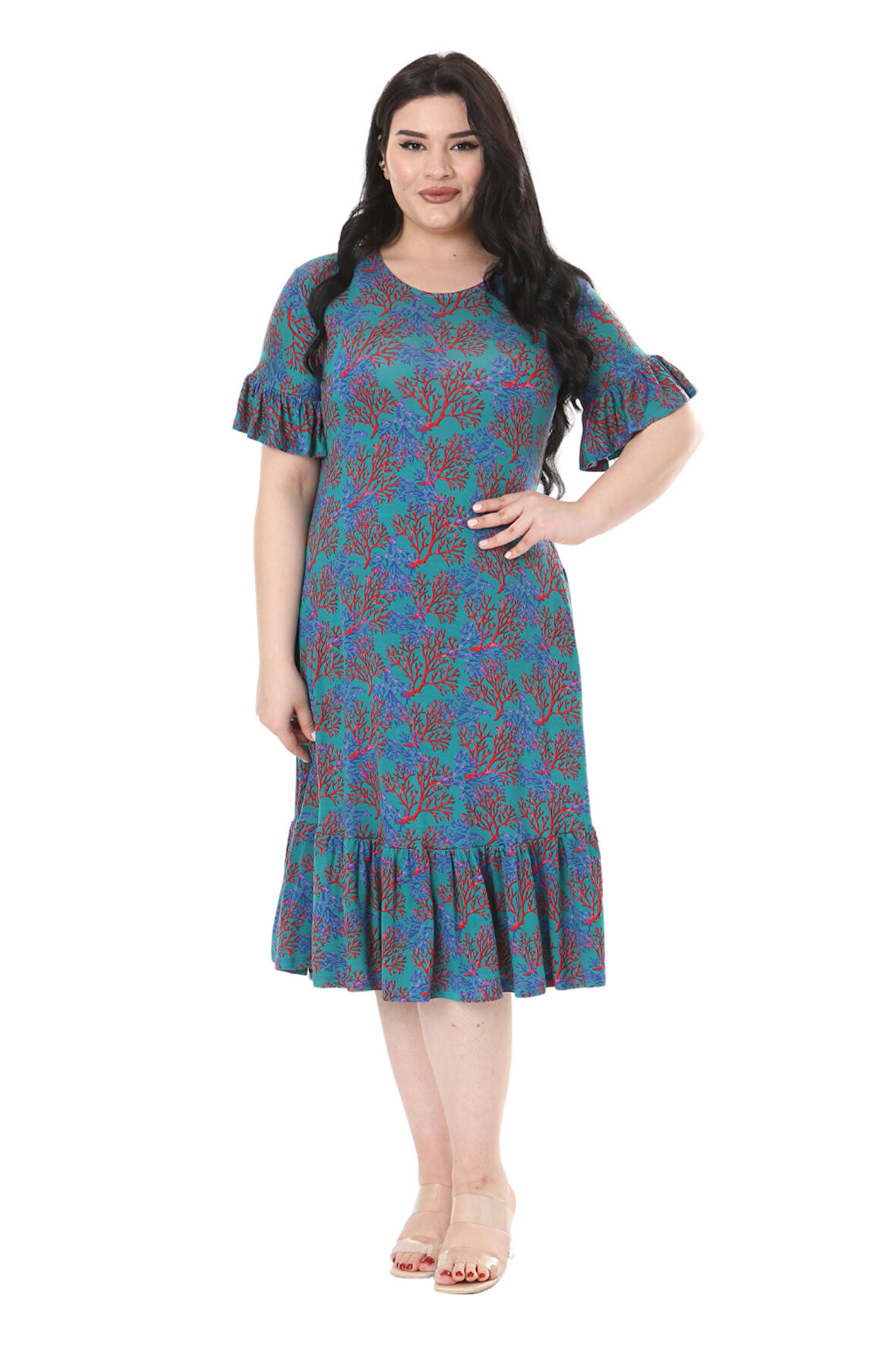 Melsay Butik Kısa Kollu Fırfırlı Cepli Mavi Küçük Mercan Desenli Midi Elbise