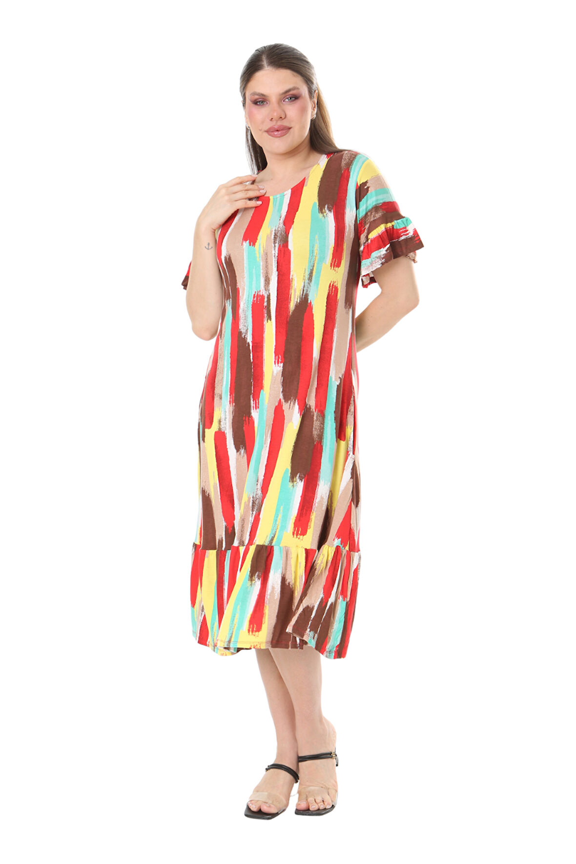 Melsay Butik Fırfırlı Cepli Sarı Yağlıboya Desenli Kısa Kollu Midi Elbise