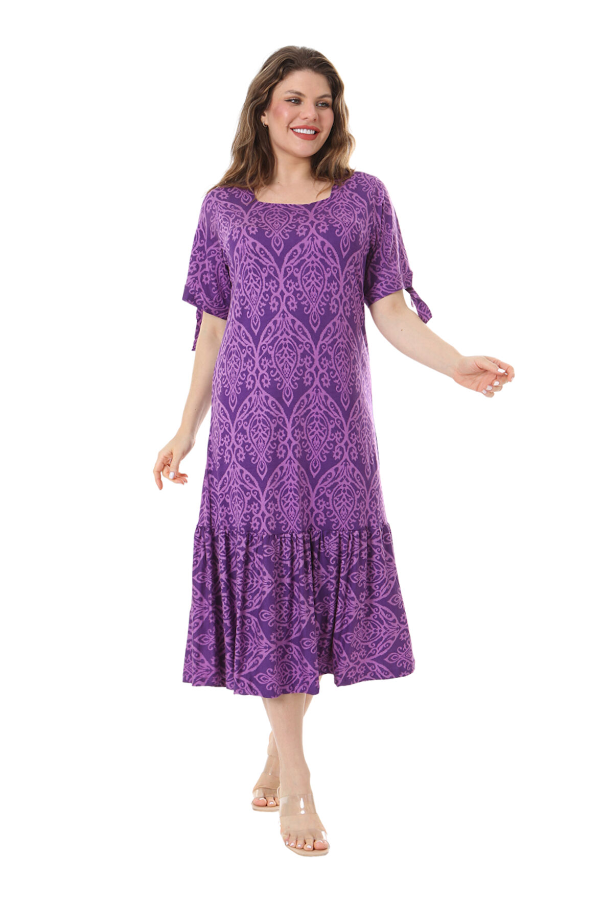 Melsay Butik Mor Dantel Desen Kolları Bağlamalı Kısa Kollu Kadın Midi Elbise