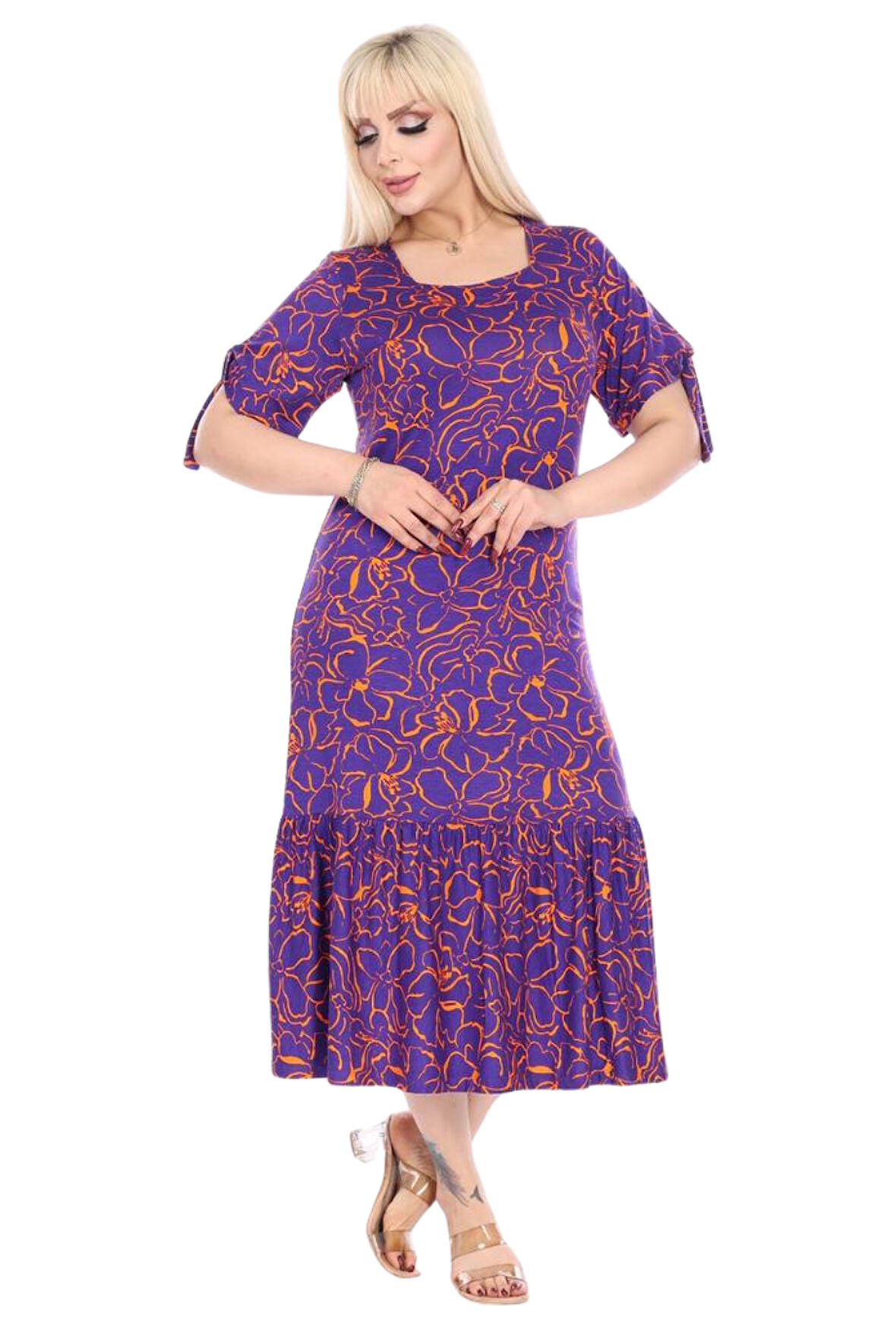 Melsay Butik Mor Çiçek Desen Kolları Bağlamalı Kısa Kollu Kadın Midi Elbise