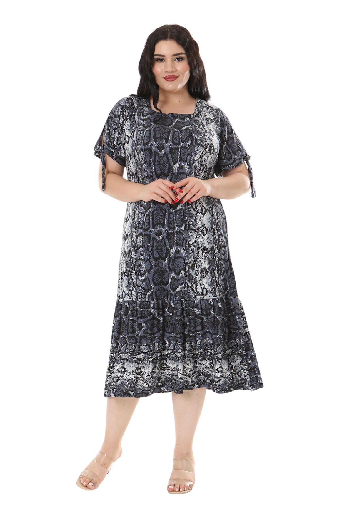 Melsay Butik Kolları Bağlamalı Gri Yılan Desen Kısa Kollu Kadın Midi Elbise
