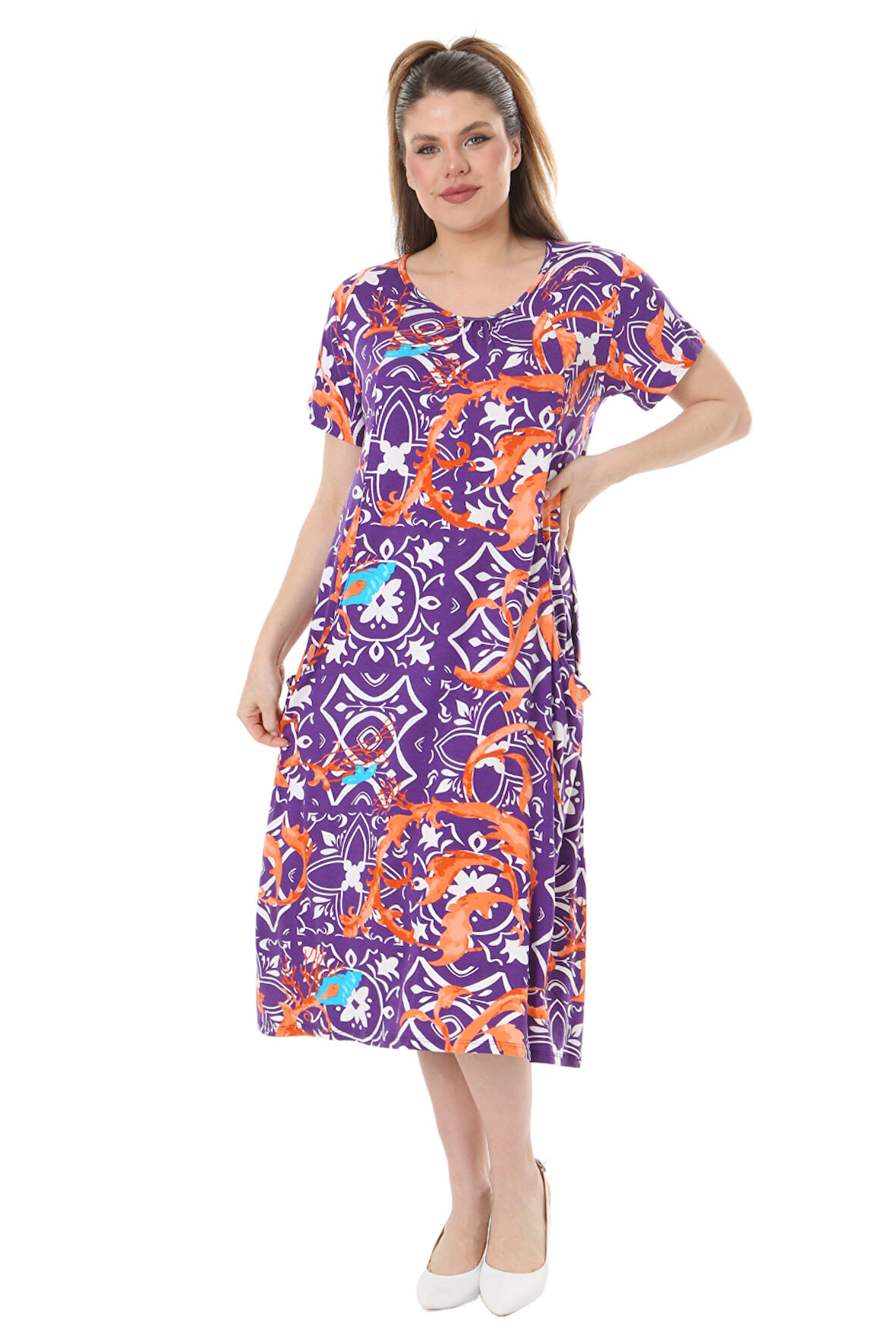 Melsay Butik Mor Retro Desen Kuplu Cepli Kısa Kol Kadın Midi Elbise