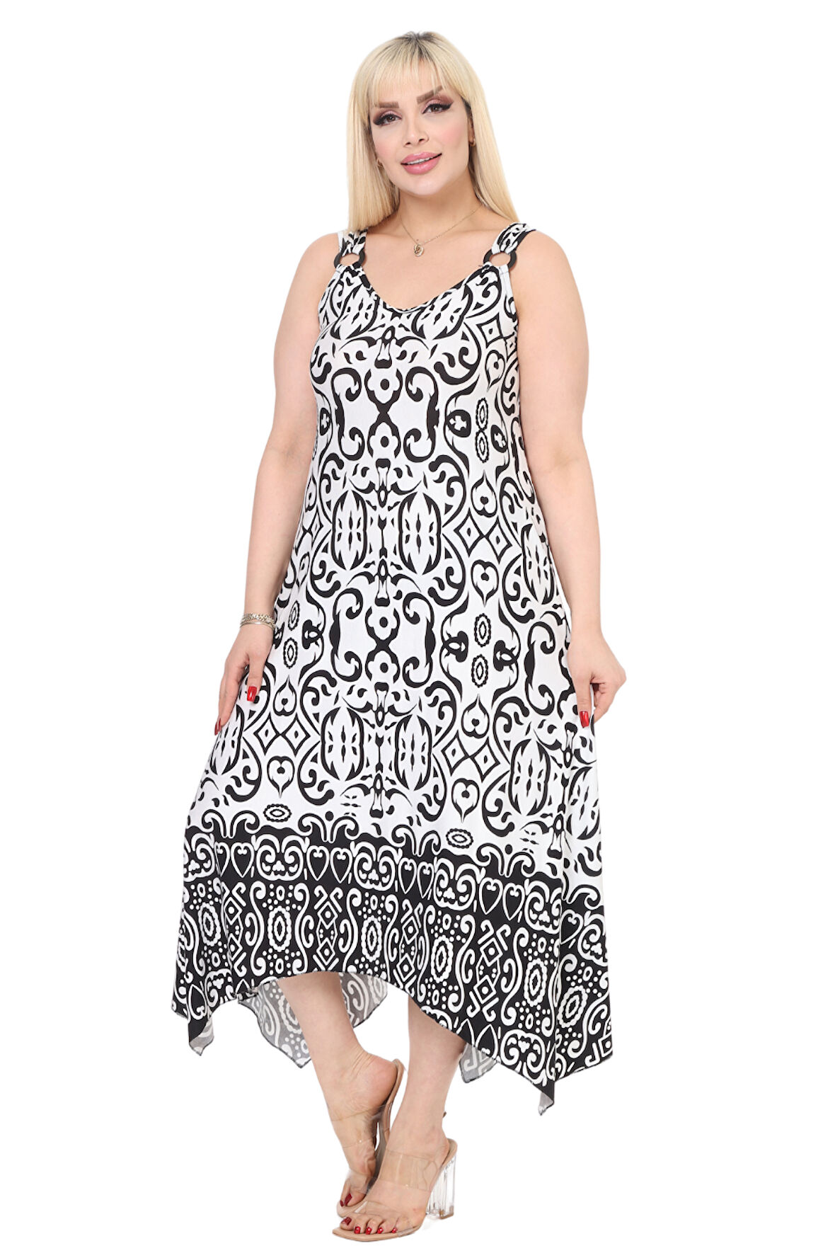 Melsay Butik Beyaz Siyah Kilim Desen Askılı V Yaka Elbise