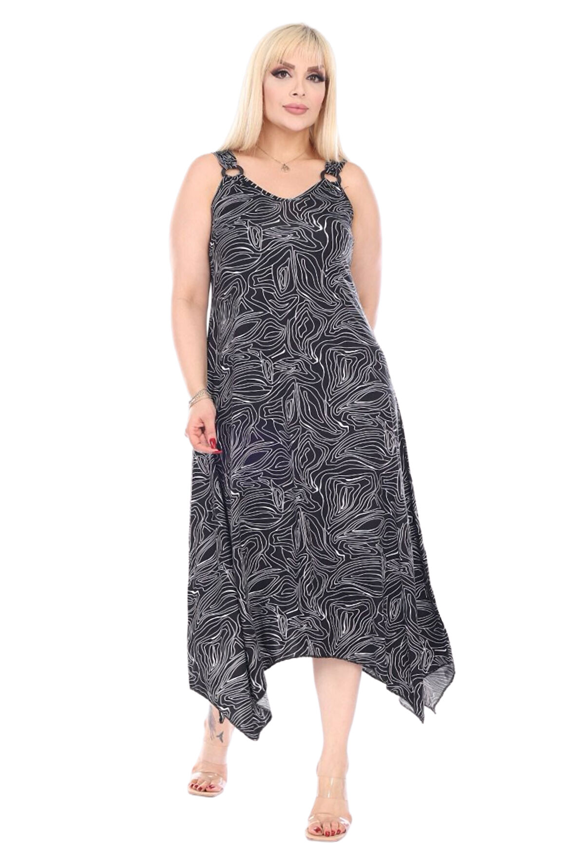 Melsay Butik Zigzag Çizgili Desen Askılı V Yaka Elbise