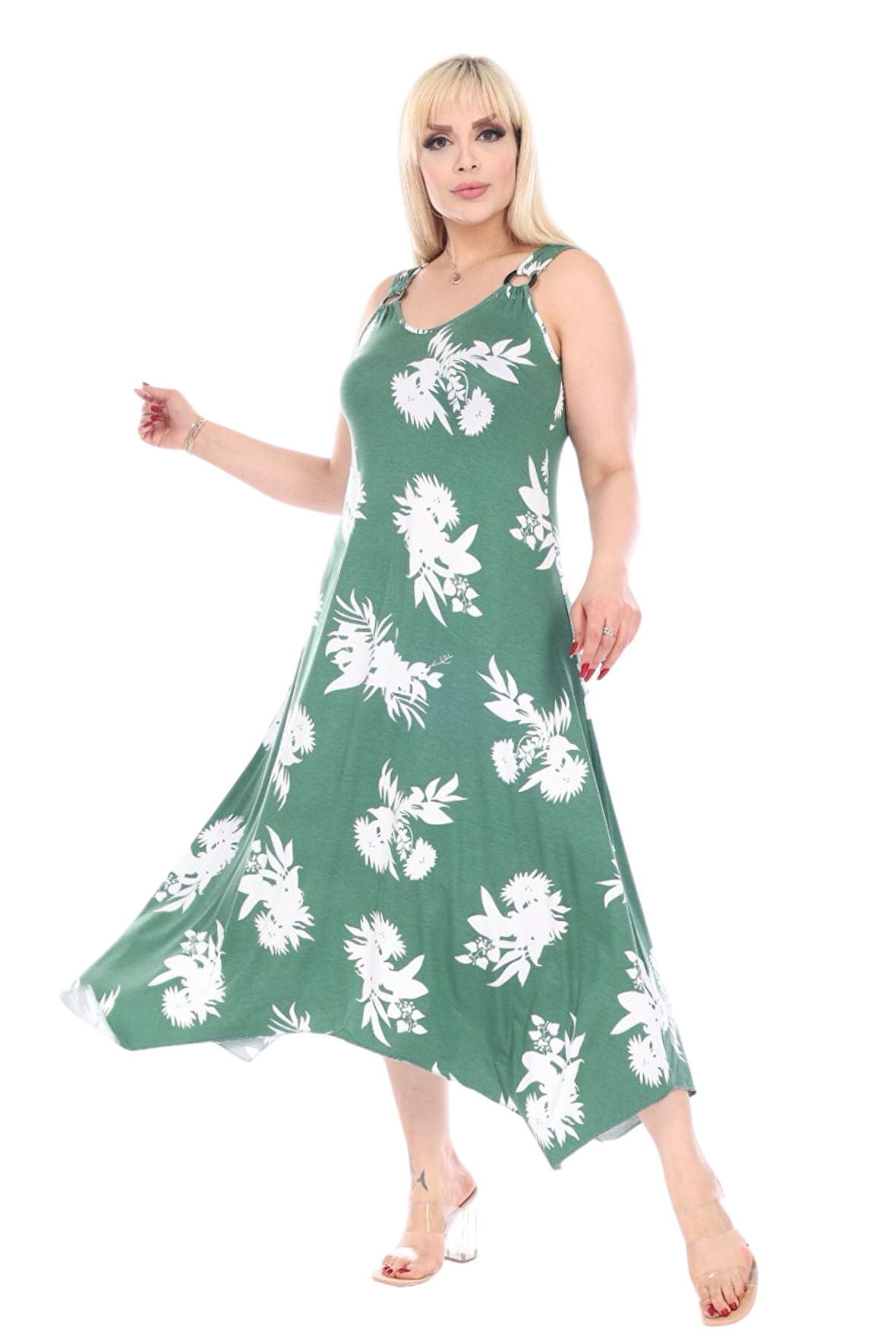 Melsay Butik Yeşil Beyaz Yaprak Desen Askılı V Yaka Elbise