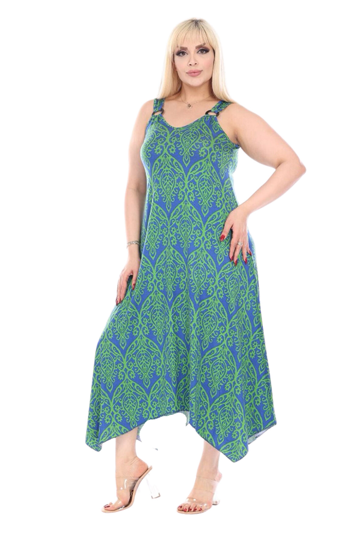 Melsay Butik Yeşil Dantel Desen Askılı V Yaka Elbise