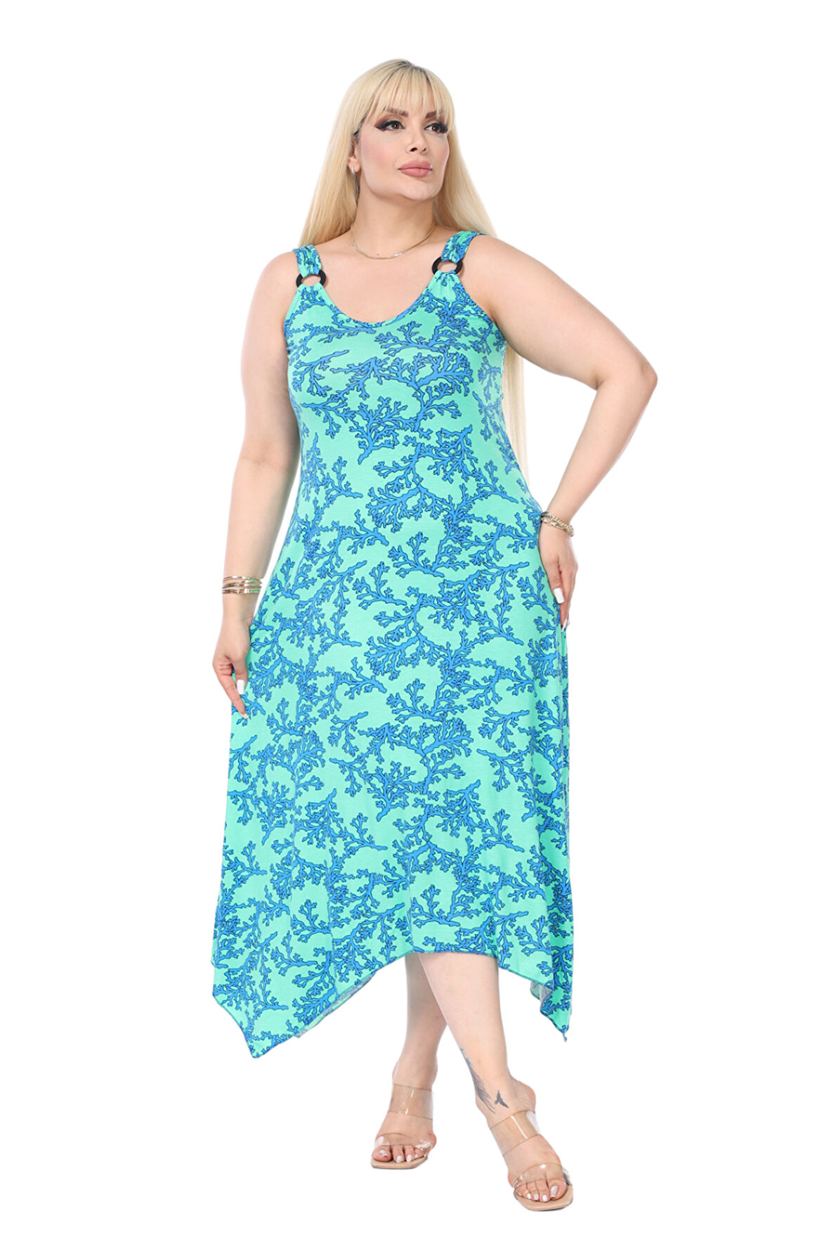 Melsay Butik Turkuaz Mercan Desen Askılı V Yaka Elbise