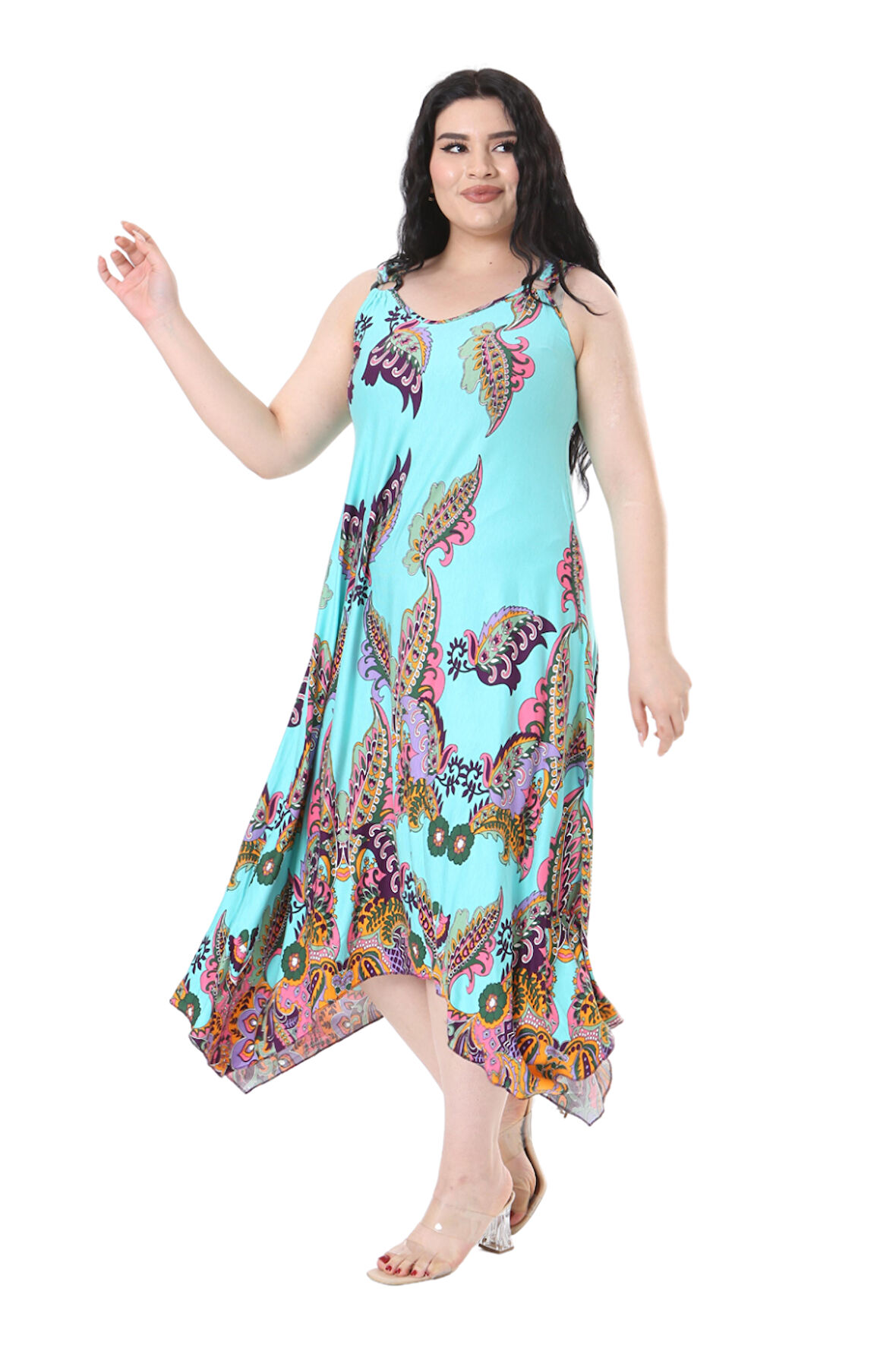 Melsay Butik Turkuaz Renkli Şal Desenli Askılı V Yaka Elbise
