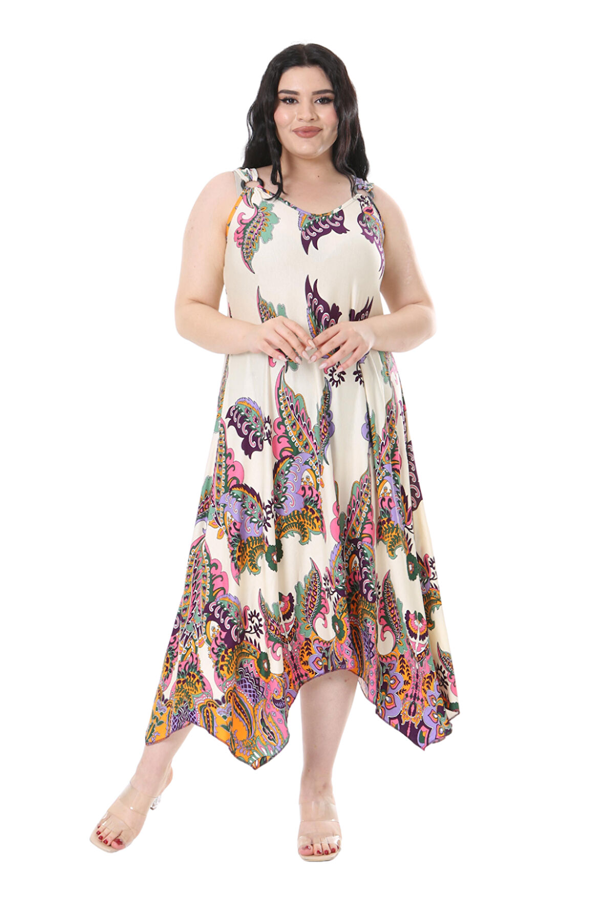 Melsay Butik Ekru Renkli Şal Desenli Askılı V Yaka Elbise