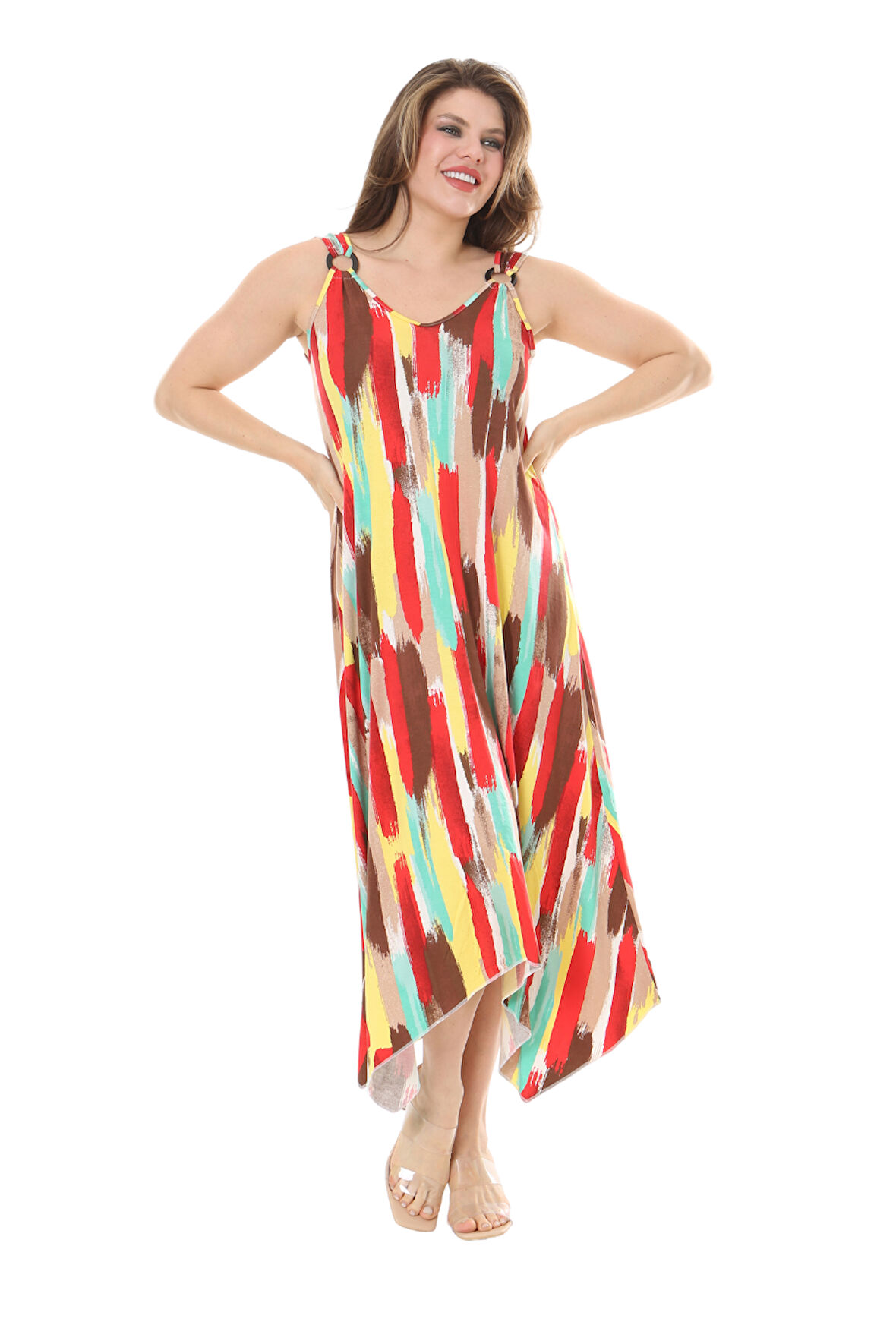 Melsay Butik Sarı Yağlıboya Desen Askılı V Yaka Elbise