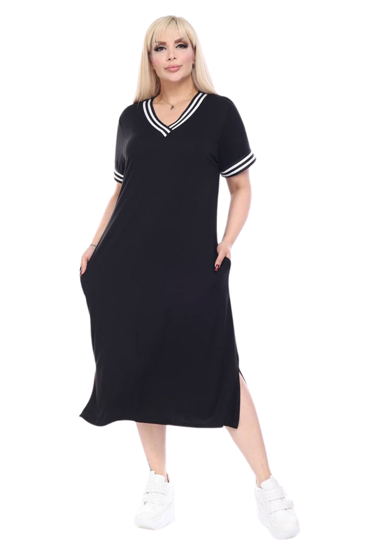 Melsay Butik Siyah Yakası Şeritli V Yaka Midi Elbise