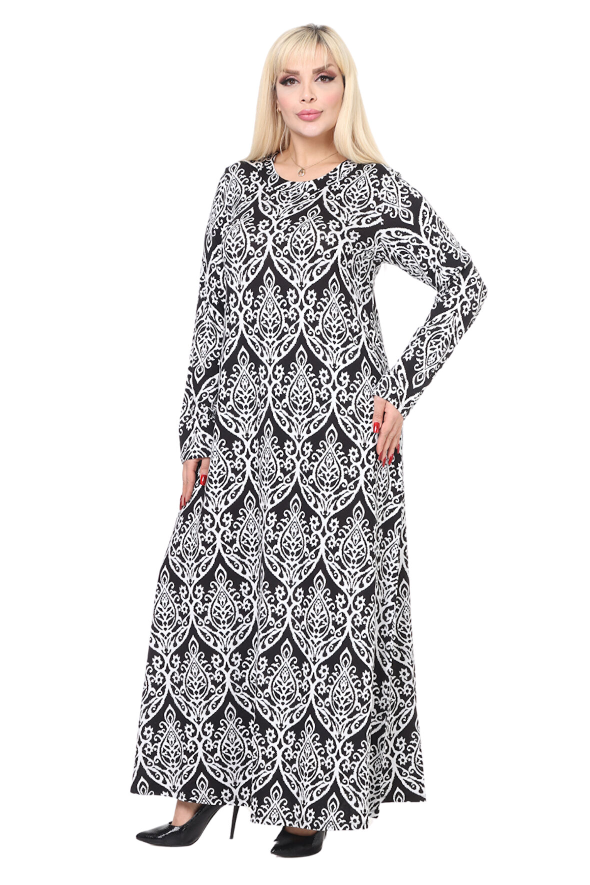 Melsay Butik Beyaz Dantel Desen Uzun Kollu Kadın Tesettür Elbise