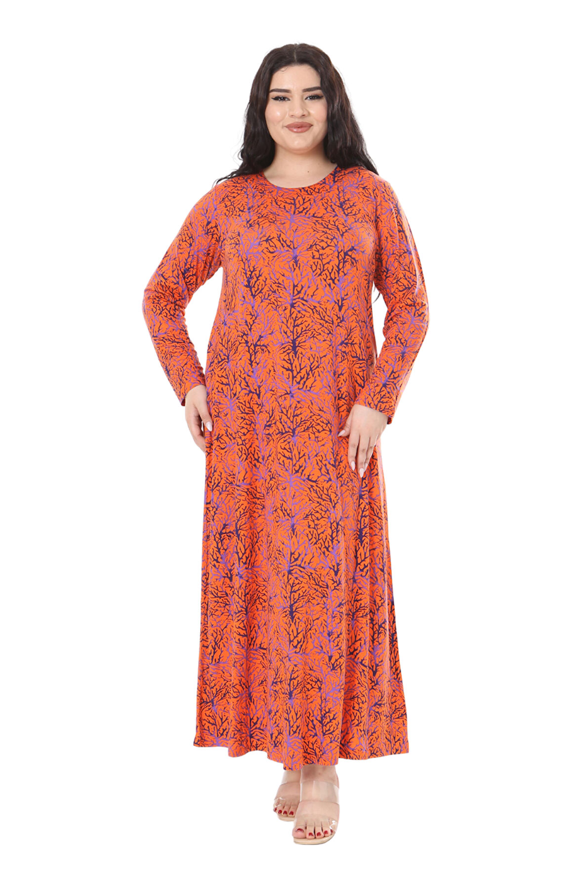 Melsay Butik Turuncu İnce Mercan Desen Uzun Kollu Kadın Elbise